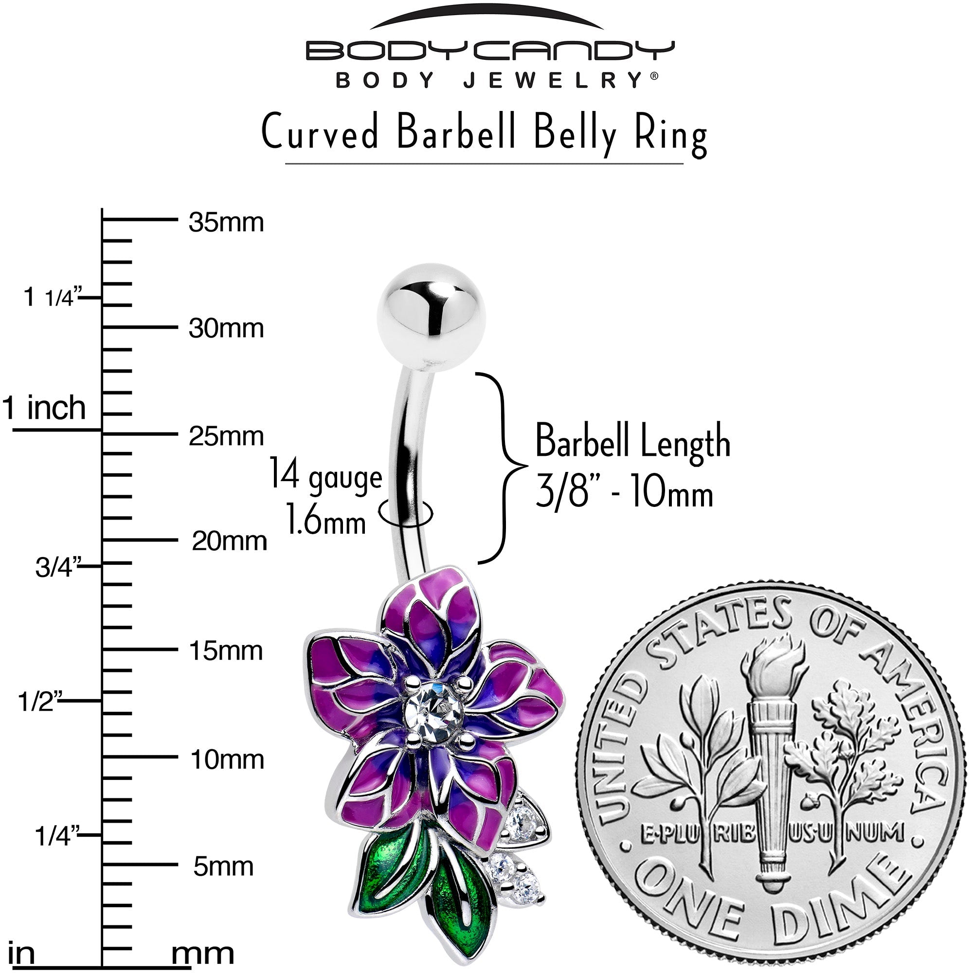 Clear CZ gem flower purple belly ring, BodyCandy belly ring with sparkling gemstone design and vibrant purple color.