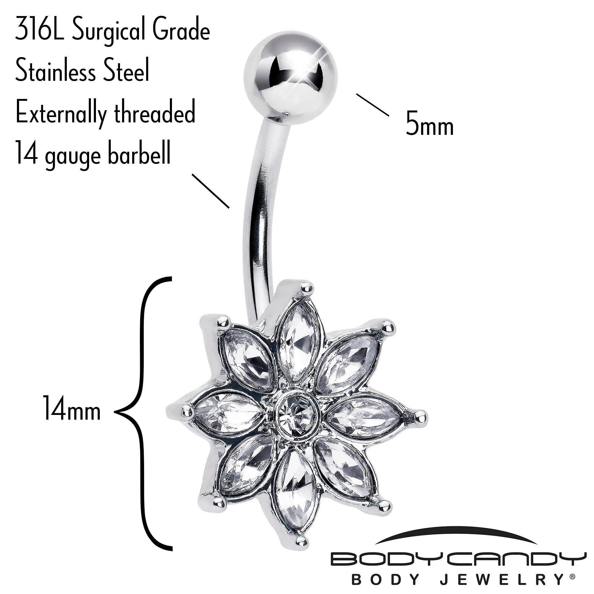 Clear gem flower elegance belly ring by BodyCandy featuring a delicate floral design with sparkling gemstones.