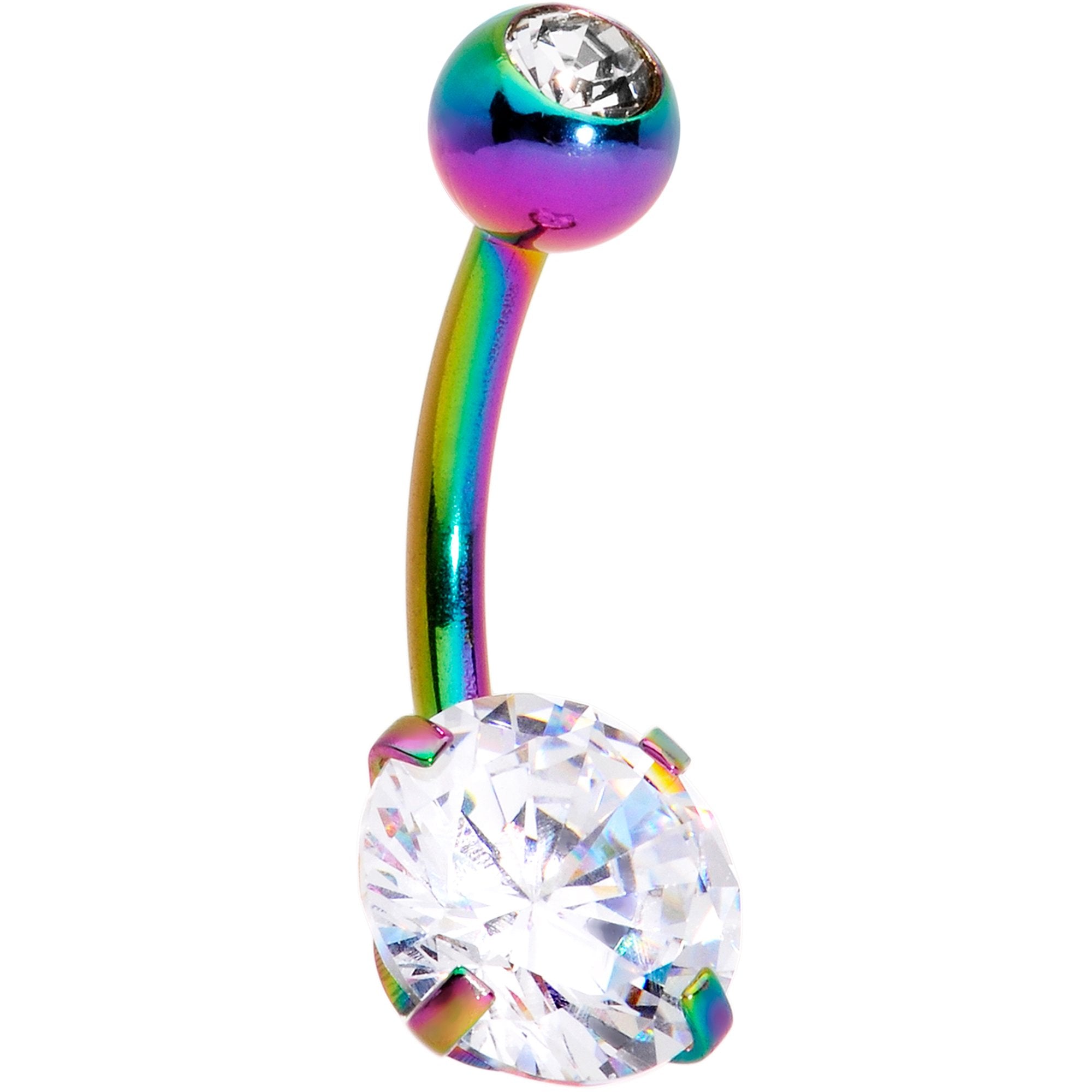 Clear gem rainbow belly ring with large and small gems, BodyCandy jewelry featuring colorful, sparkling belly piercing.