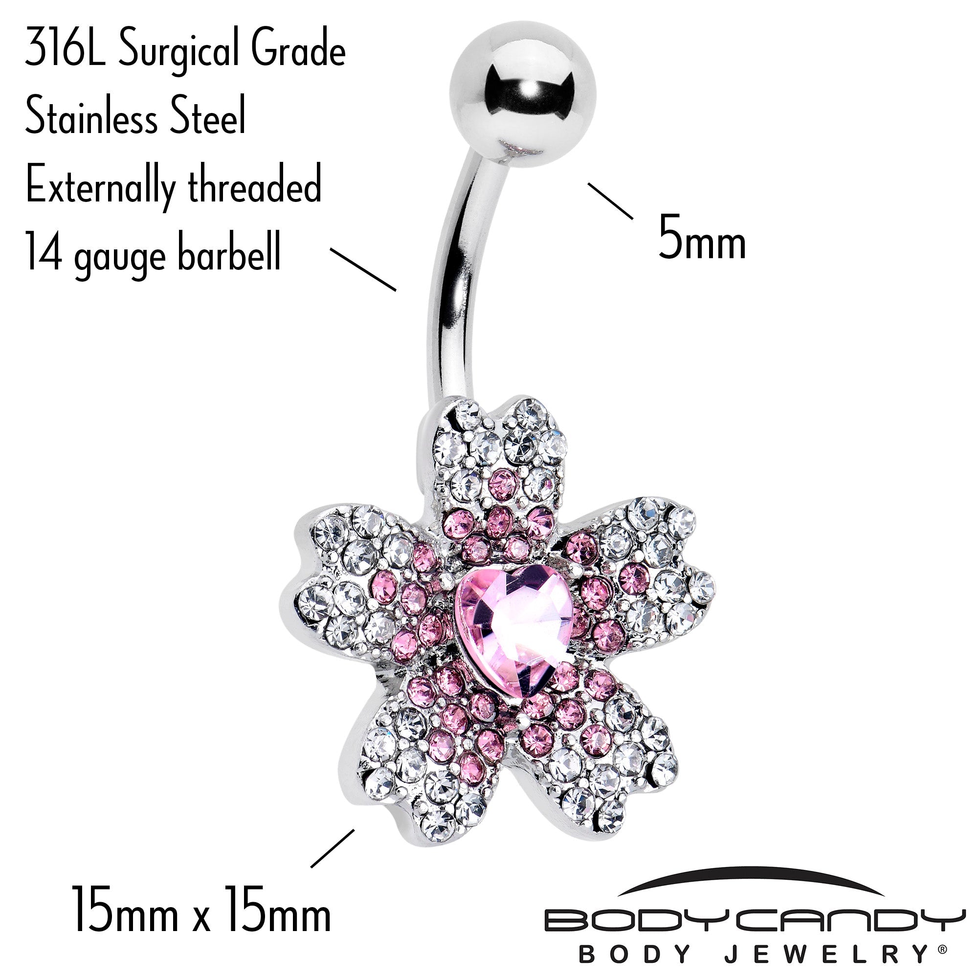 Clear pink gem heart in flower belly ring by BodyCandy, showcasing a decorative belly jewelry piece with pink gemstone accents.