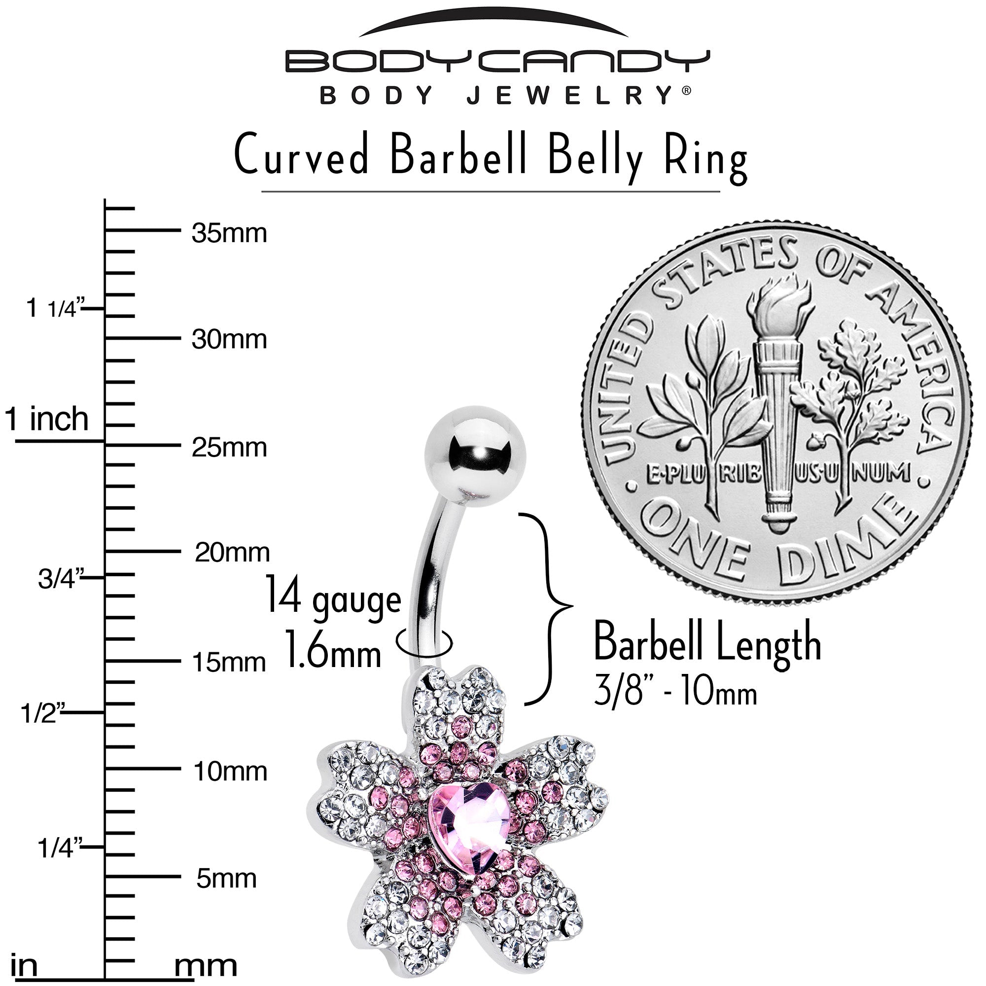 Clear pink gem heart in flower belly ring by BodyCandy, featuring a decorative heart-shaped gem and floral design on a belly jewelry piece.