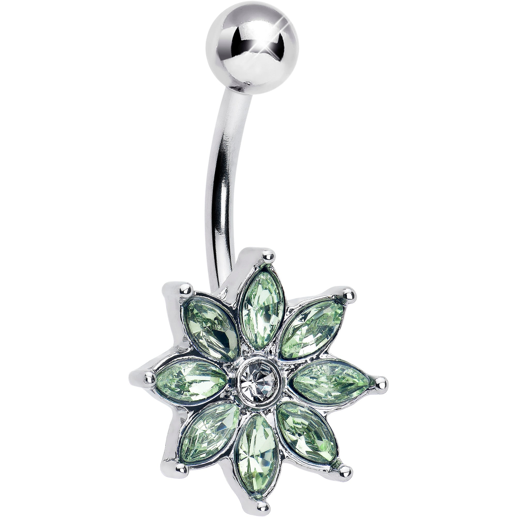 Light green gem flower belly ring by BodyCandy featuring a delicate flower design for elegant body jewelry.