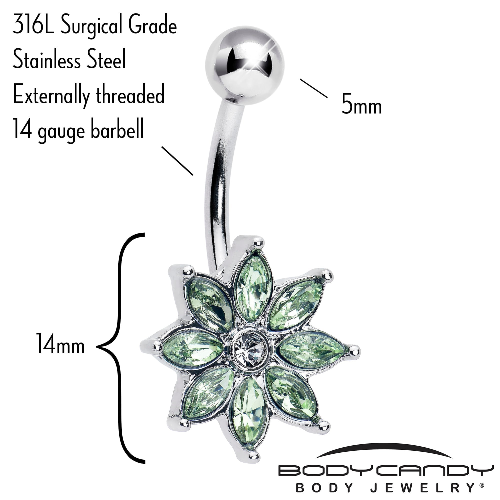 Light green gem flower belly ring by BodyCandy featuring an elegant bloom design for belly piercing jewelry.