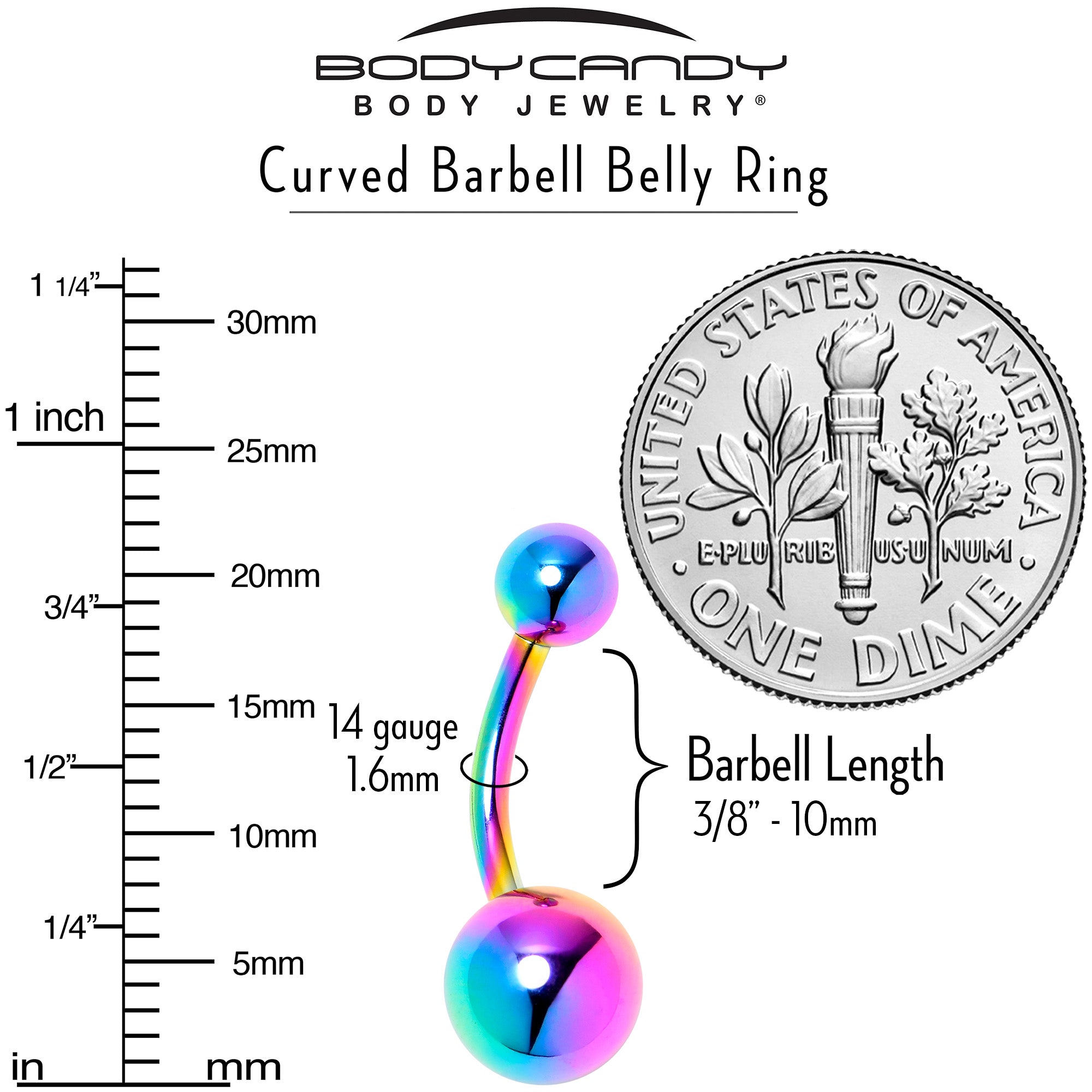 Rainbow ASTM F-136 implant grade titanium internally threaded belly ring by BodyCandy, showcasing vibrant rainbow colors and sleek design.