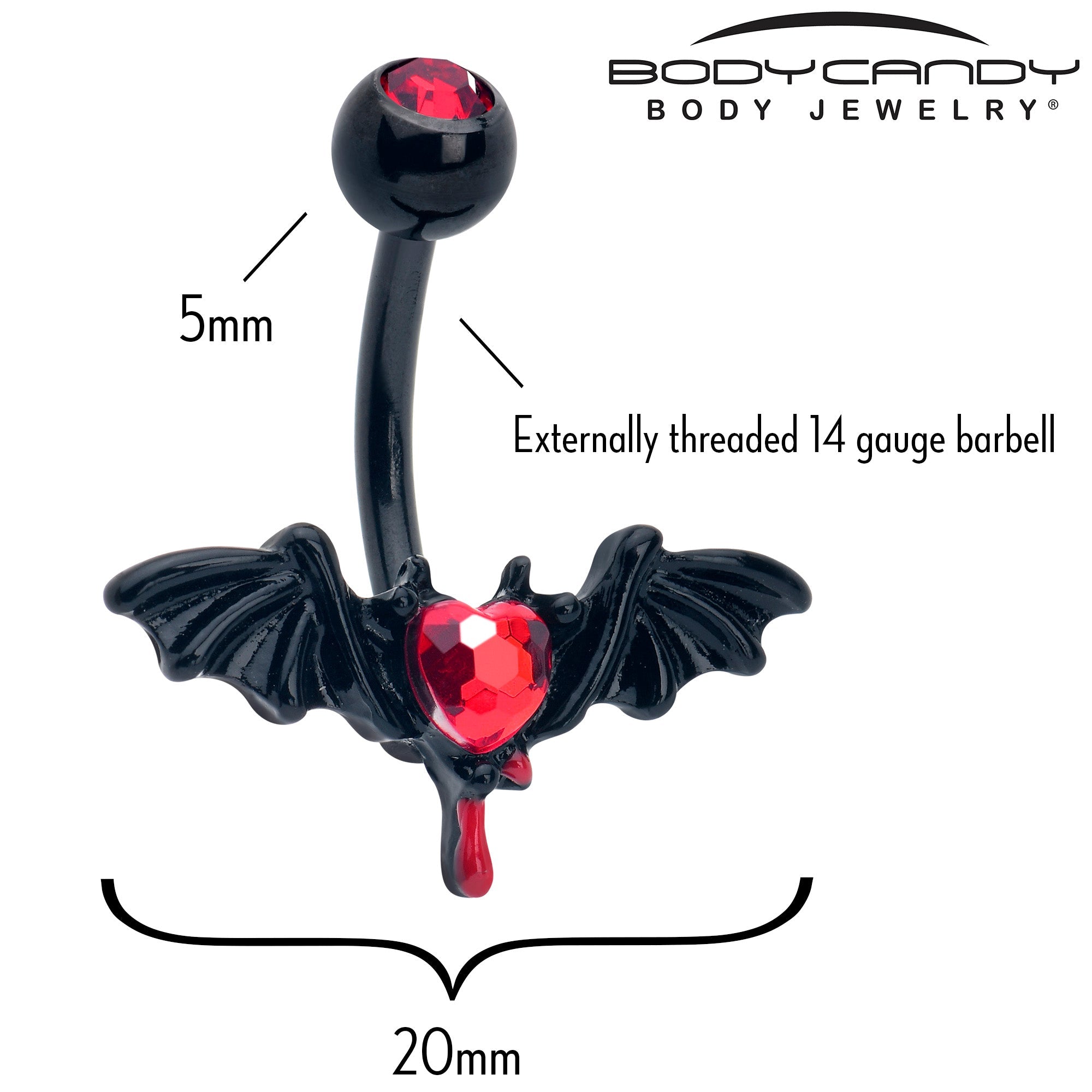 Red gem black bleeding heart bat belly ring by BodyCandy, featuring a detailed bat design with a dangling red gem.
