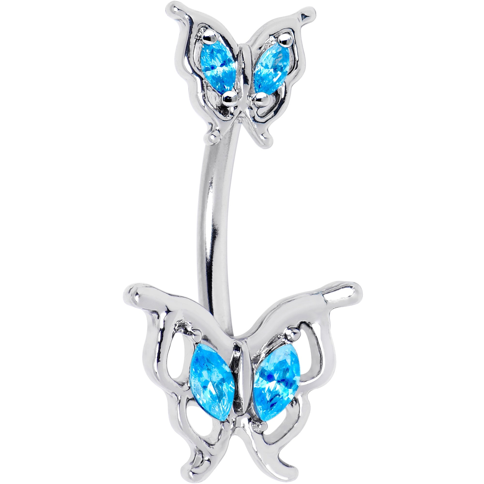Blue gem fancy butterfly double mount belly ring by BodyCandy, with sparkling blue gems and intricate butterfly design.