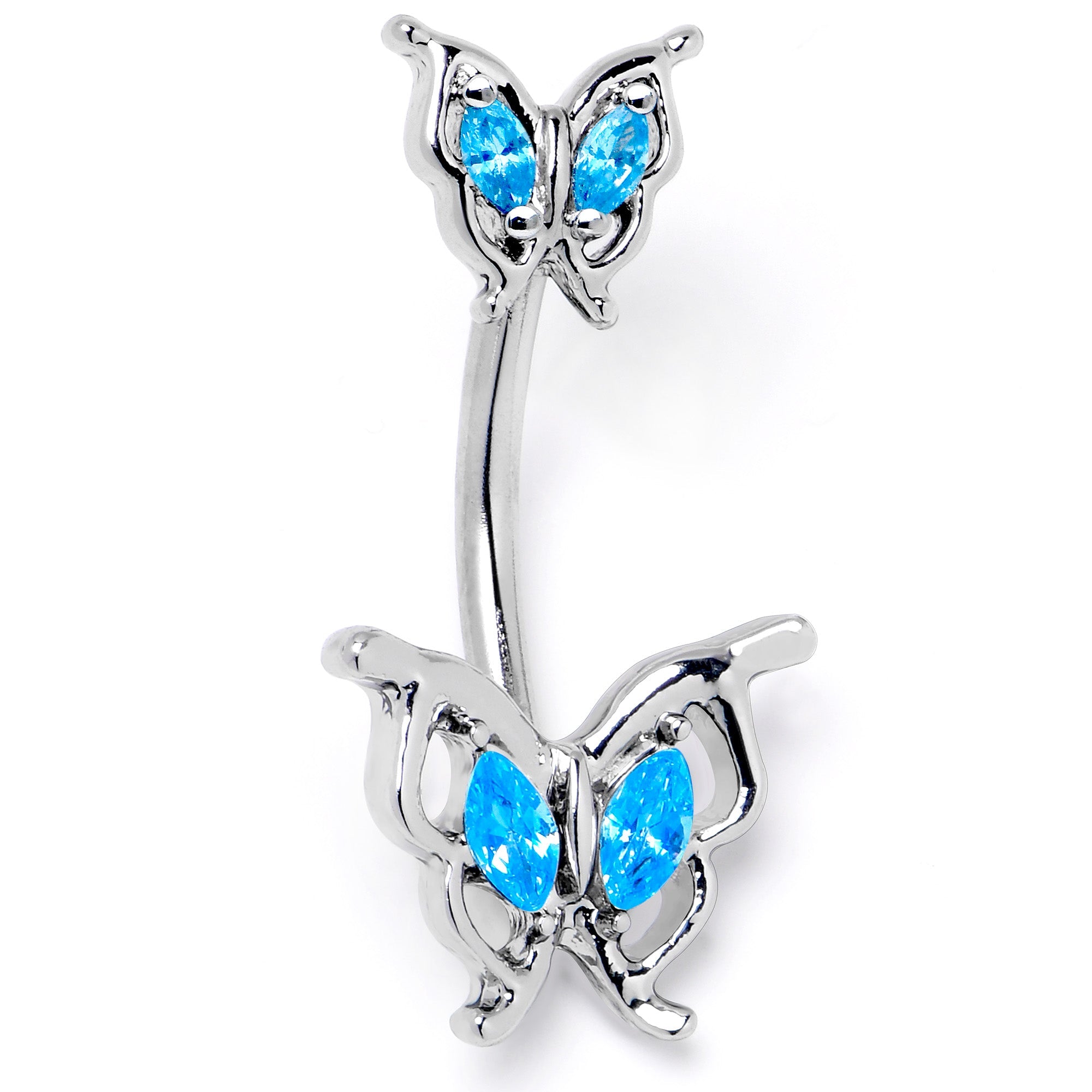 Blue gem butterfly double mount belly ring by BodyCandy featuring a sparkling blue gem and intricate butterfly design.