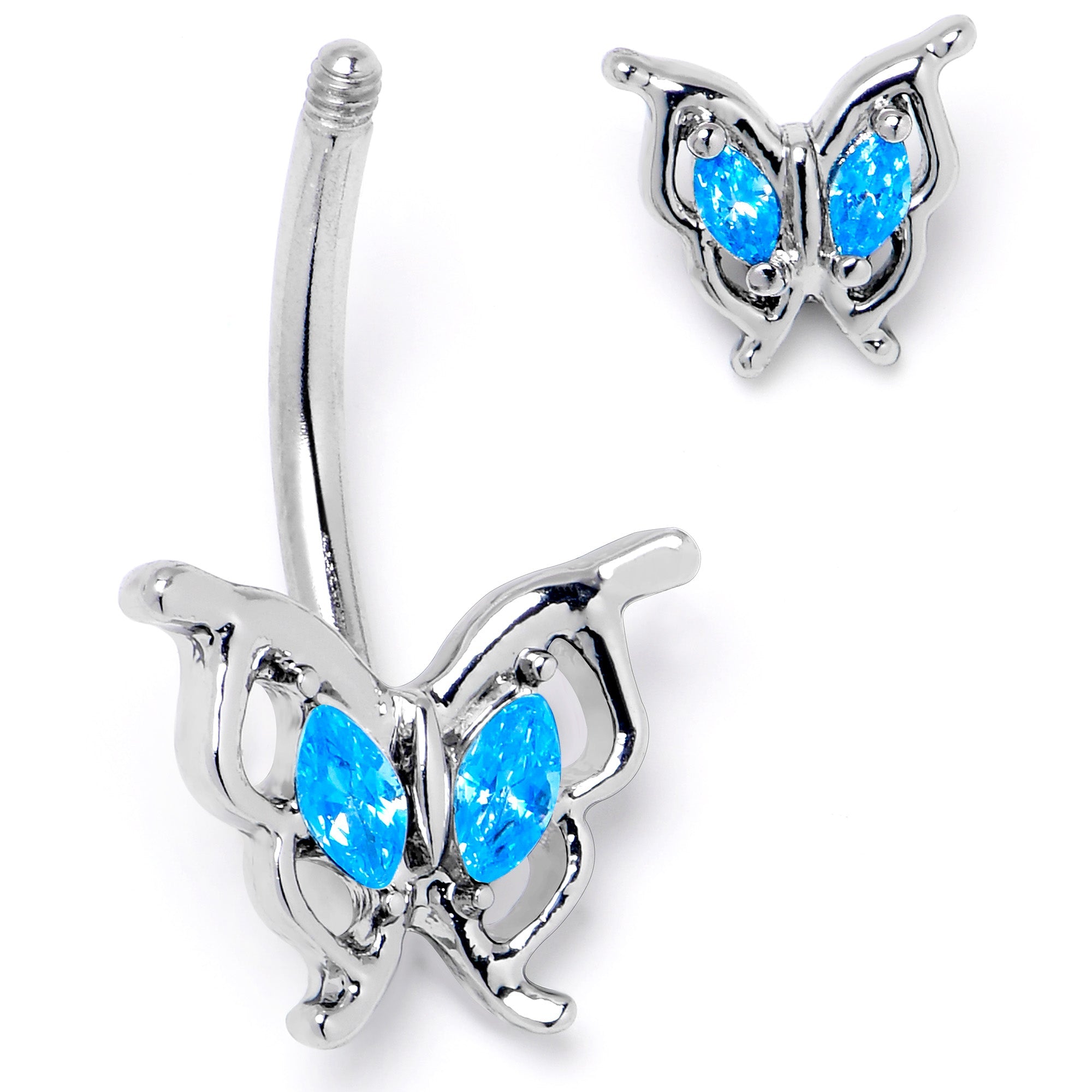 Blue gem fancy butterfly double mount belly ring by BodyCandy, featuring a decorative butterfly design and sparkling blue gems.