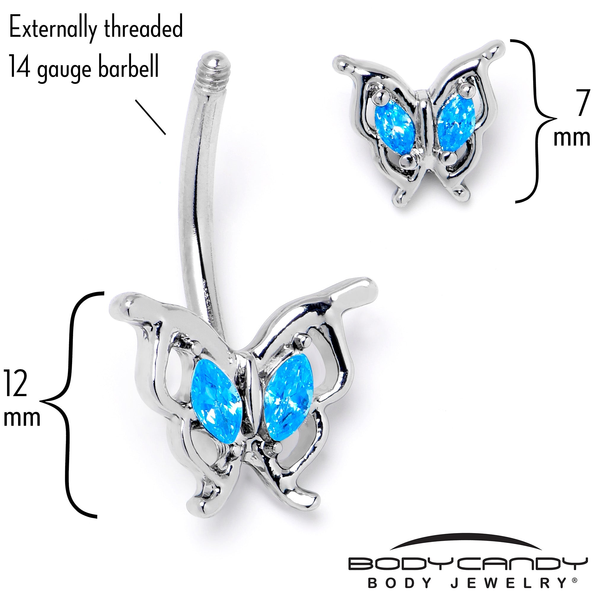 Blue gem fancy butterfly double mount belly ring by BodyCandy, showcasing a decorative metal and gem design for belly piercing.