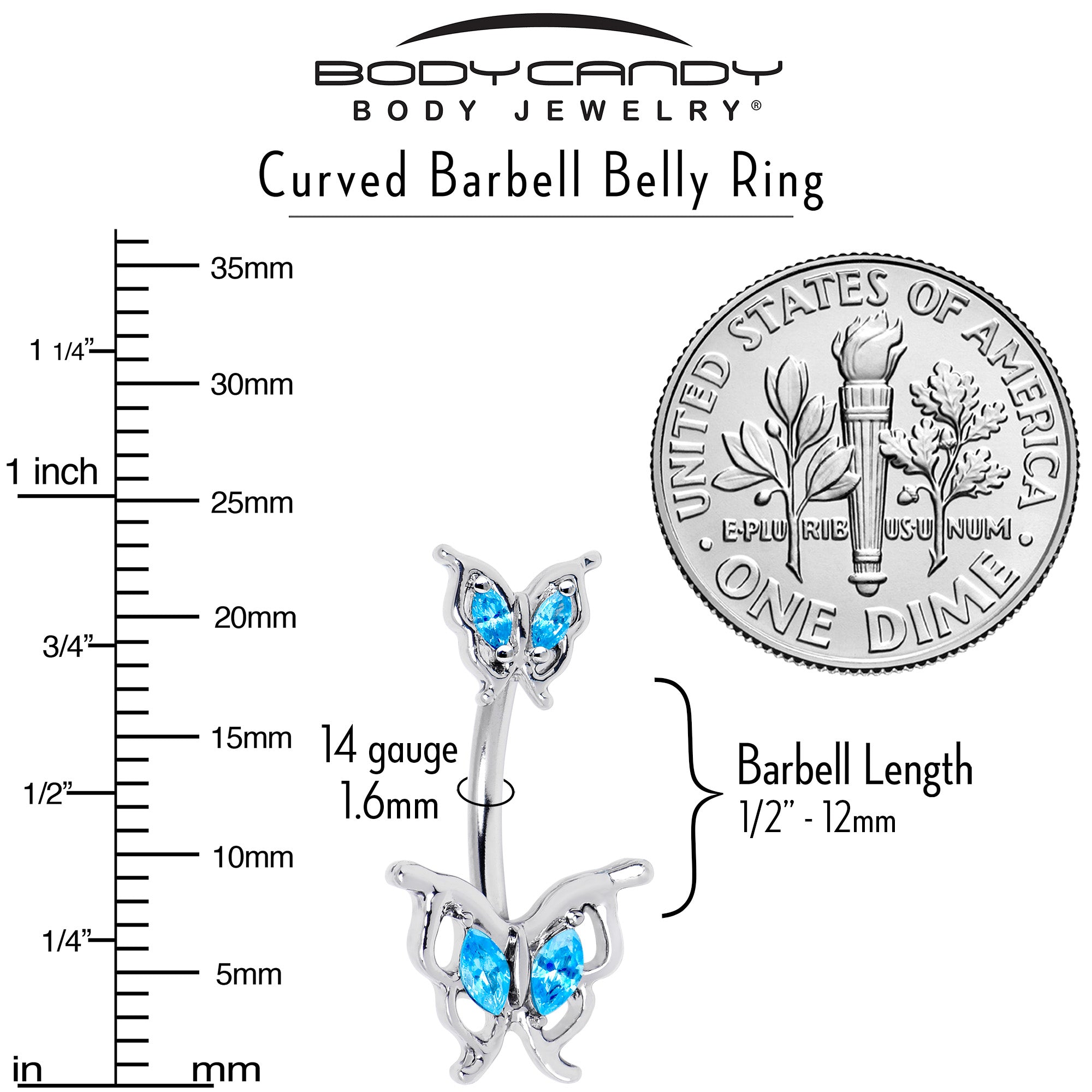 Blue gem fancy butterfly double mount belly ring from BodyCandy, featuring a decorative double mount design and vibrant blue gemstone.