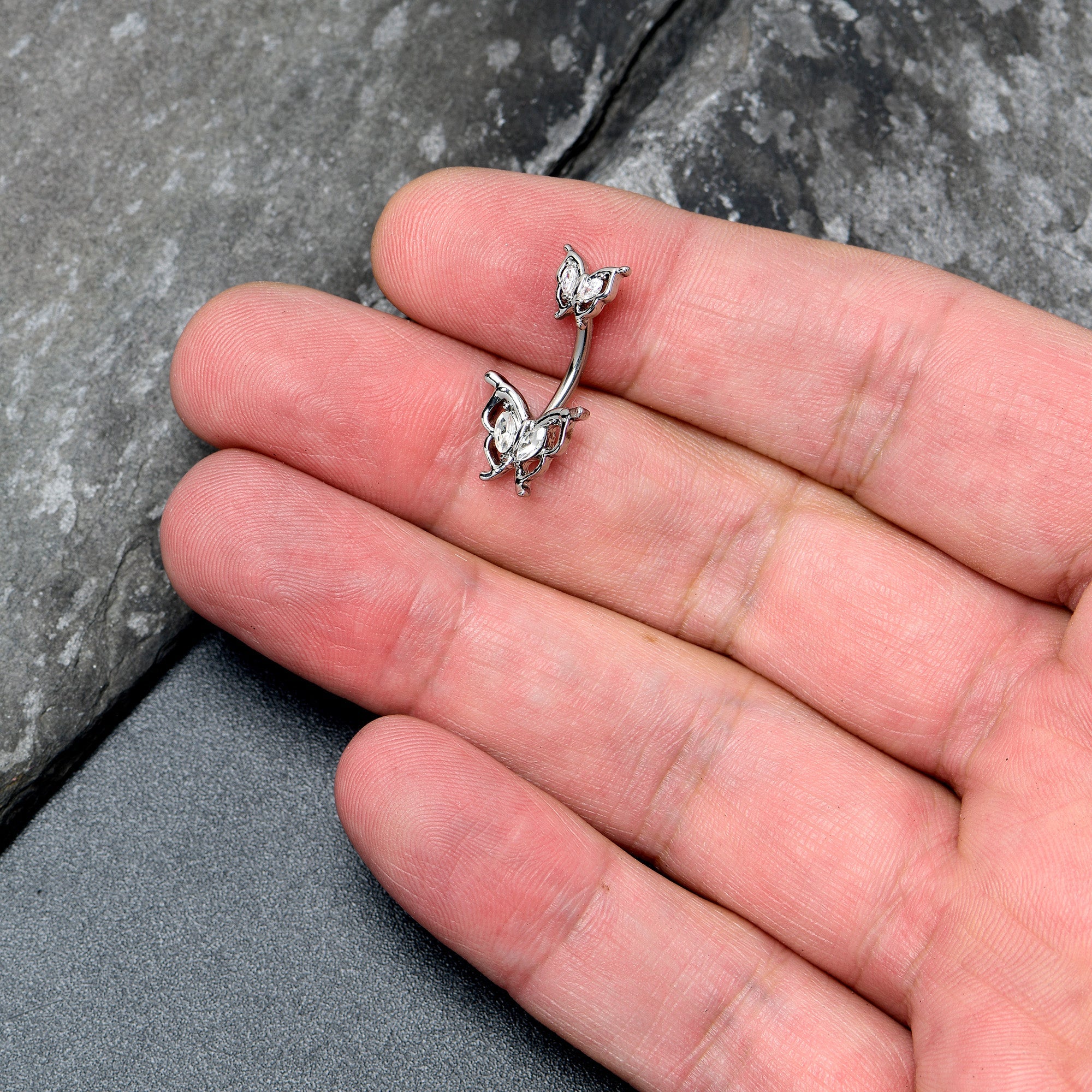 Clear gem butterfly double mount belly ring by BodyCandy featuring a sparkling decorative butterfly design and double-mounted setting.