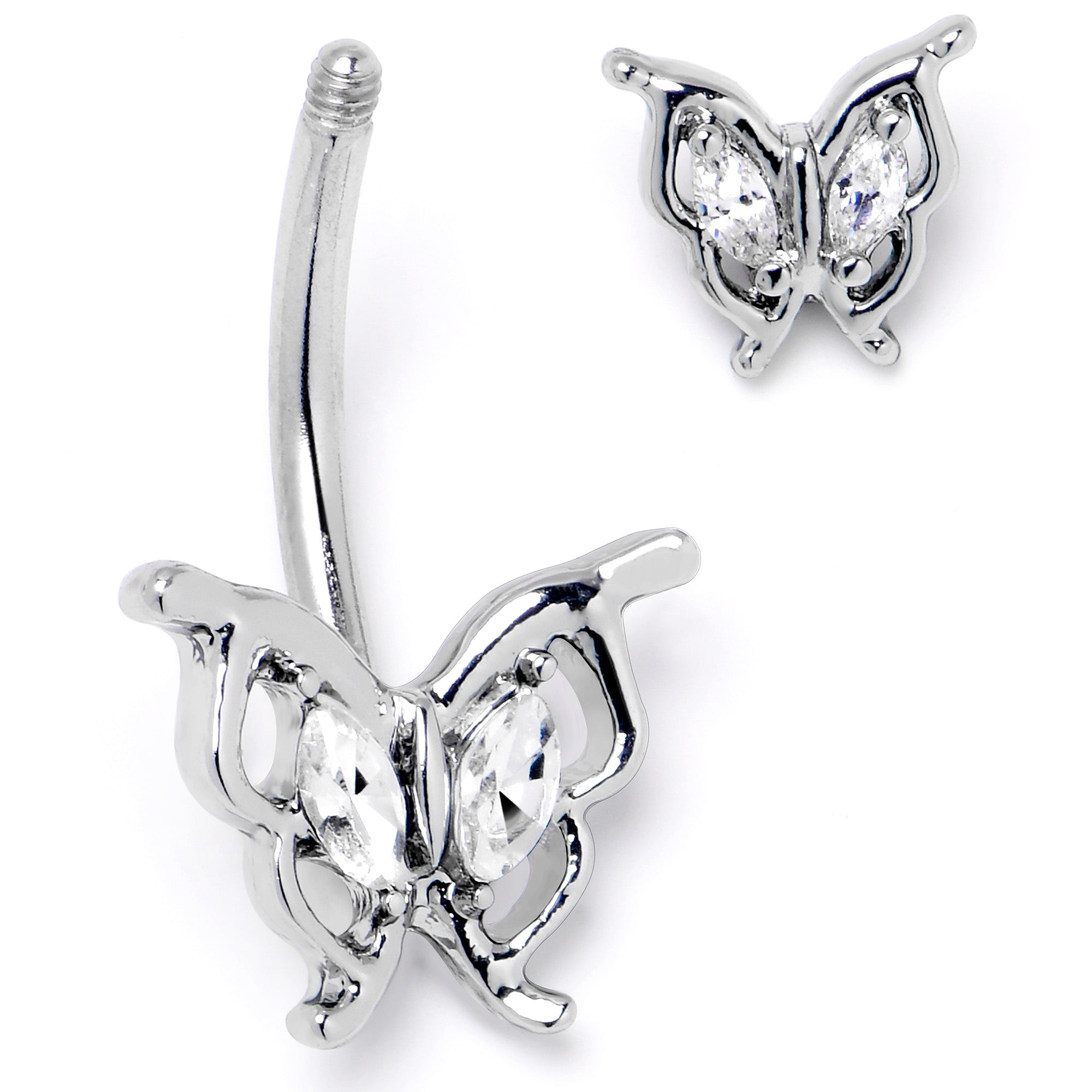 Clear gem butterfly double mount belly ring by BodyCandy featuring a sparkling butterfly design and double mount style.