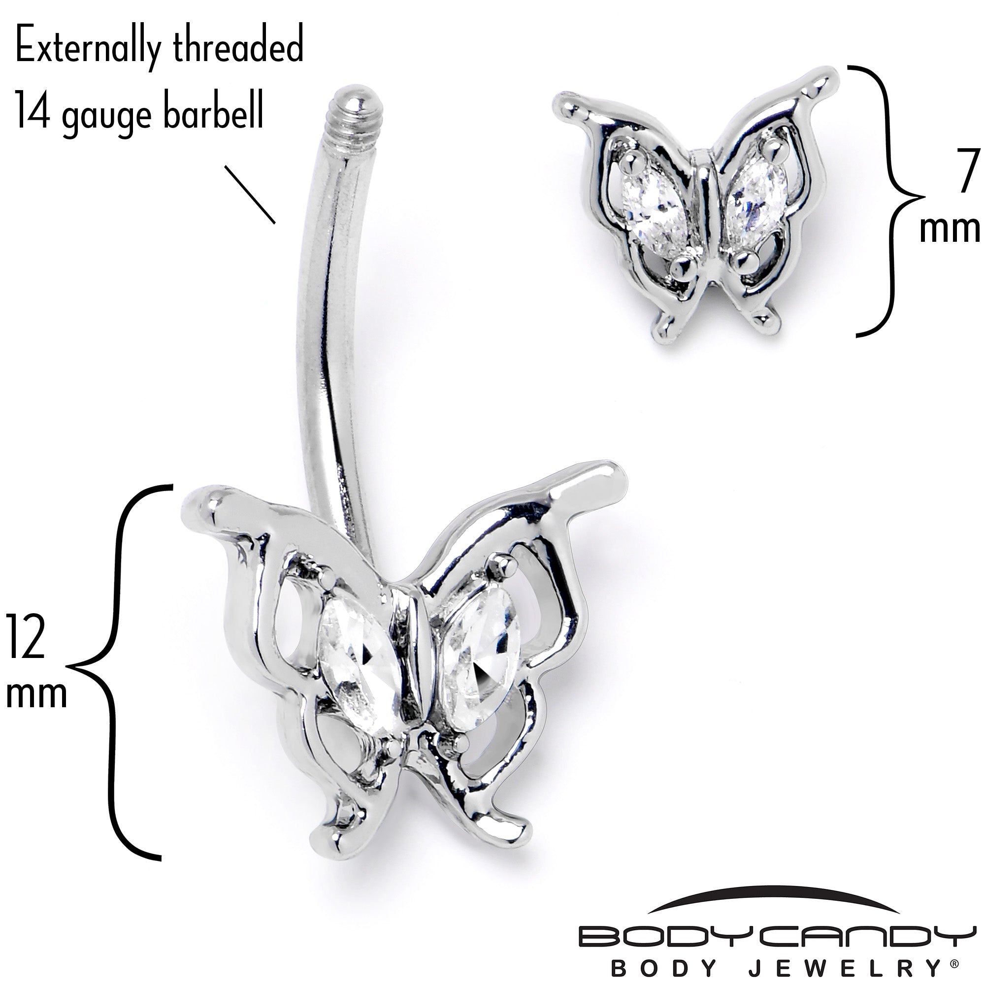 Clear gem butterfly double mount belly ring by BodyCandy featuring a sparkling butterfly design and double-mounted style.