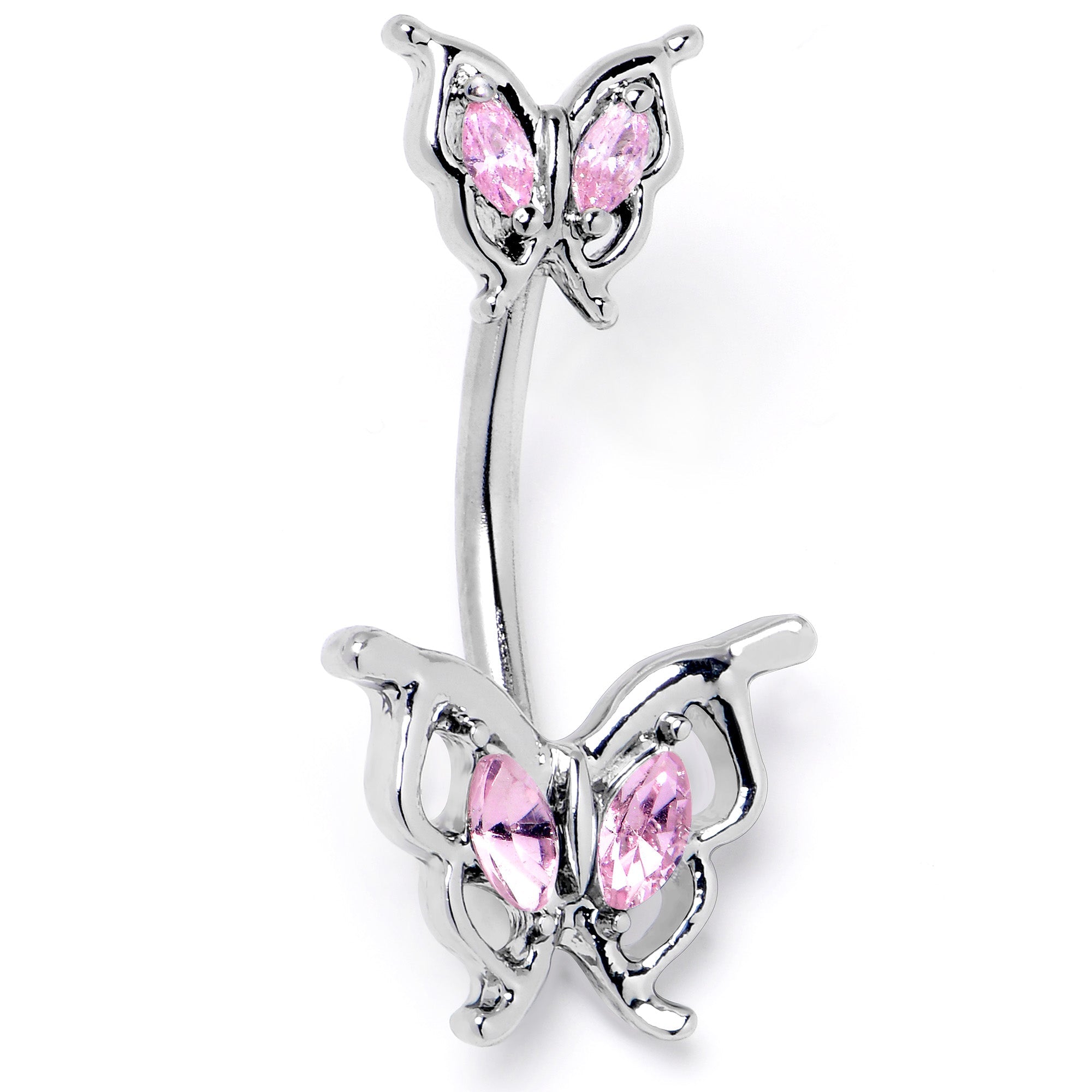 Pink gem butterfly double mount belly ring by BodyCandy with sparkling pink gems and decorative butterfly design.
