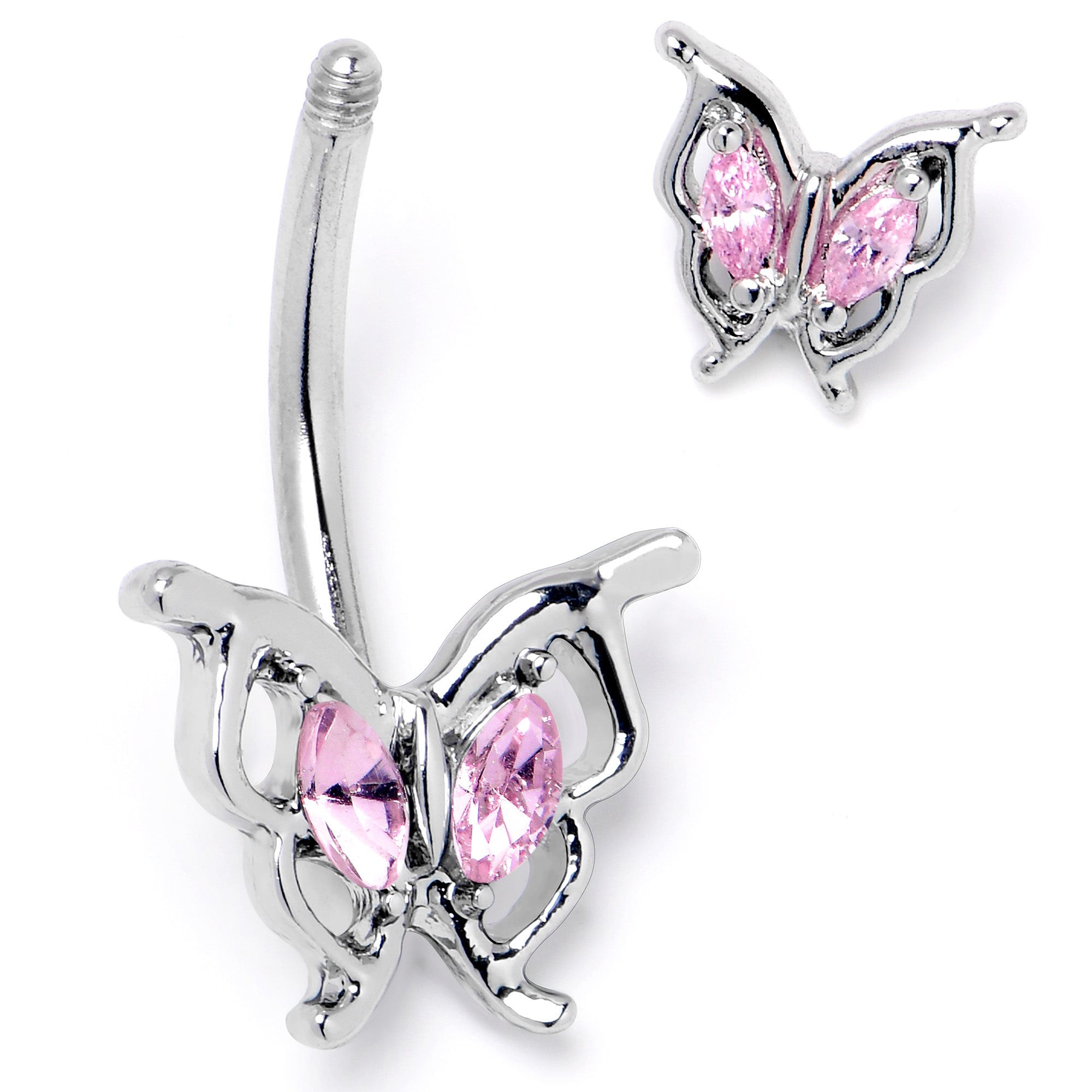 Pink gem butterfly double mount belly ring from BodyCandy, featuring sparkling pink stones and a decorative butterfly design.