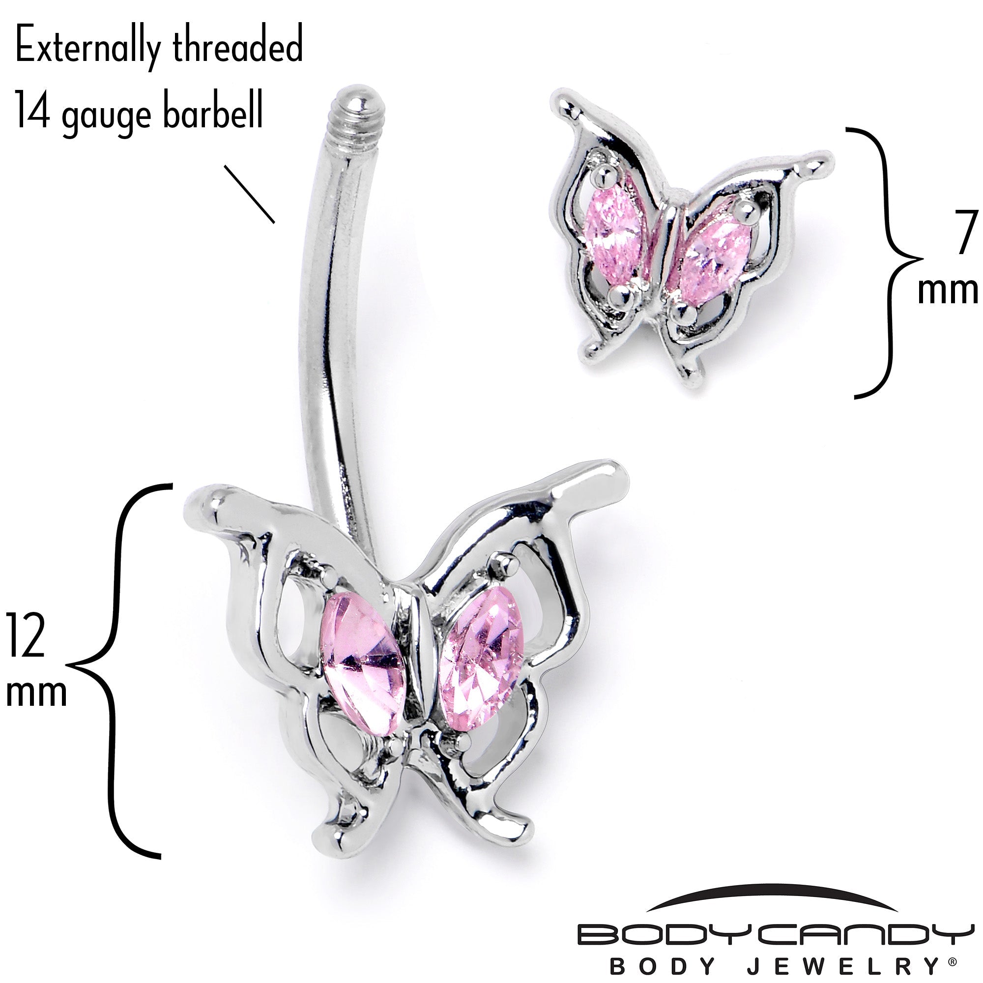 Pink gem butterfly double mount belly ring by BodyCandy featuring a decorative butterfly design and sparkling pink gemstones.
