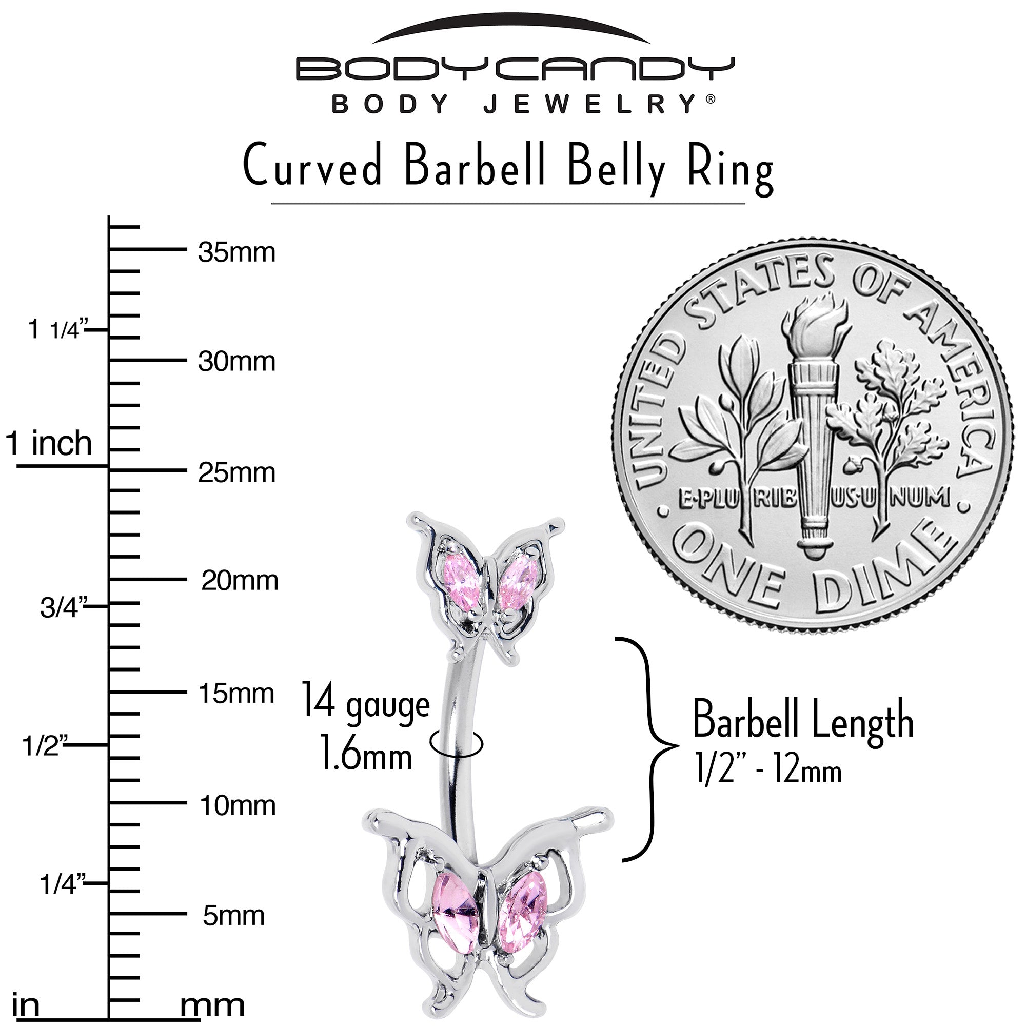 Pink gem butterfly double mount belly ring by BodyCandy featuring a decorative design with sparkling pink gems.