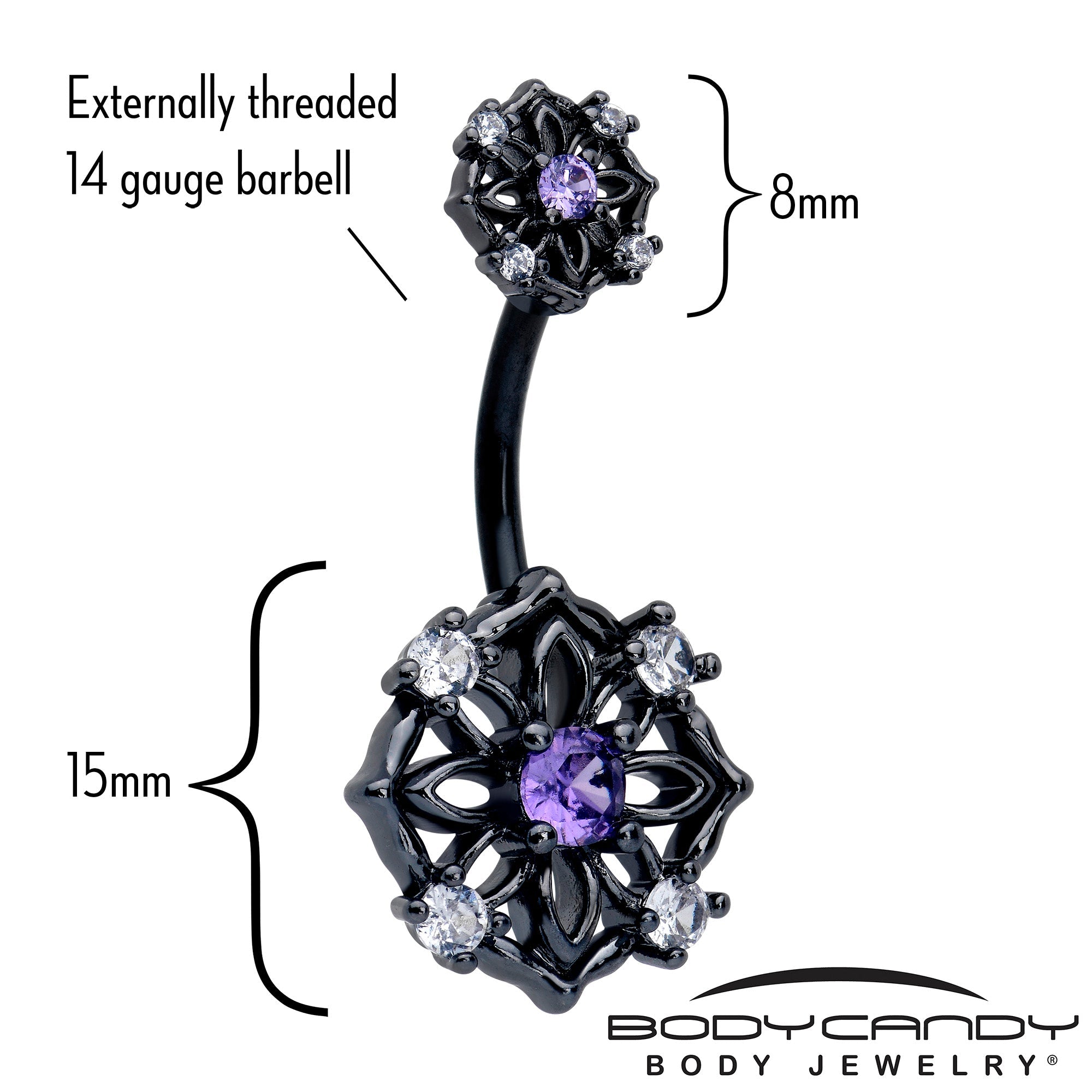 Purple CZ gem black flower double mount belly ring with floral design and silver-tone body jewelry for belly piercing.