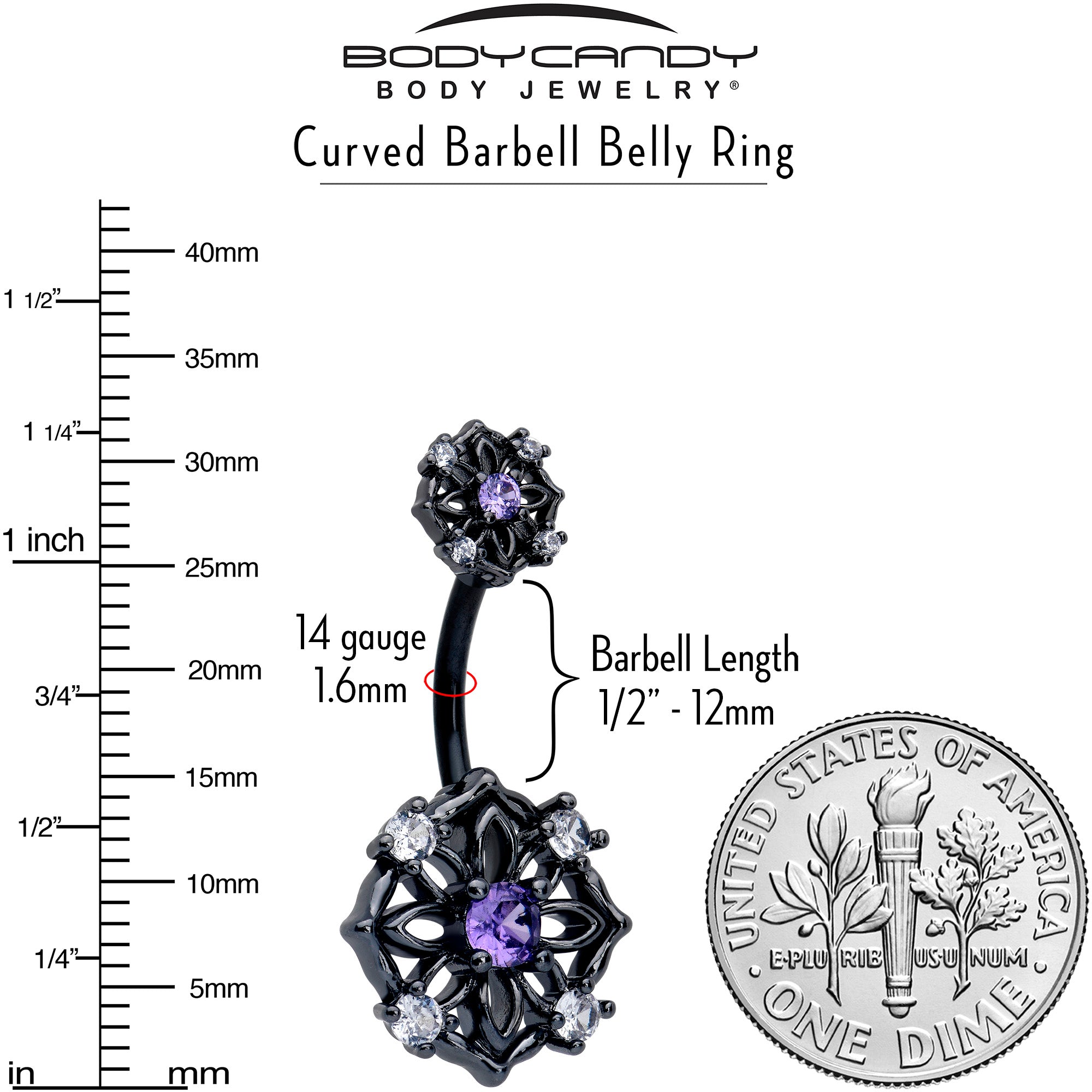 Purple CZ gem black flower double mount belly ring with intricate floral design and silver-tone body jewelry.