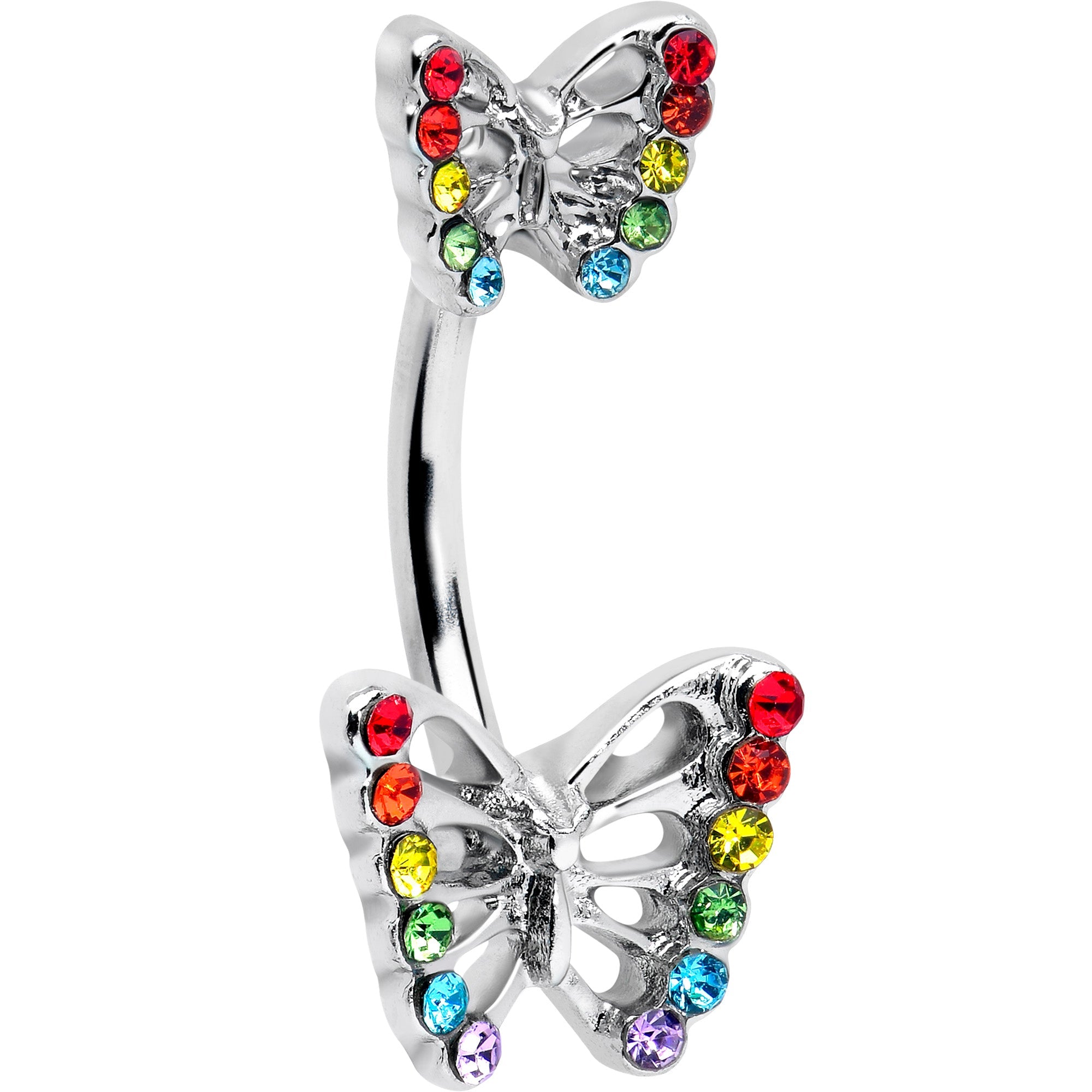 Rainbow gem pride open butterfly double mount belly ring by BodyCandy, featuring colorful gemstone accents and butterfly design.