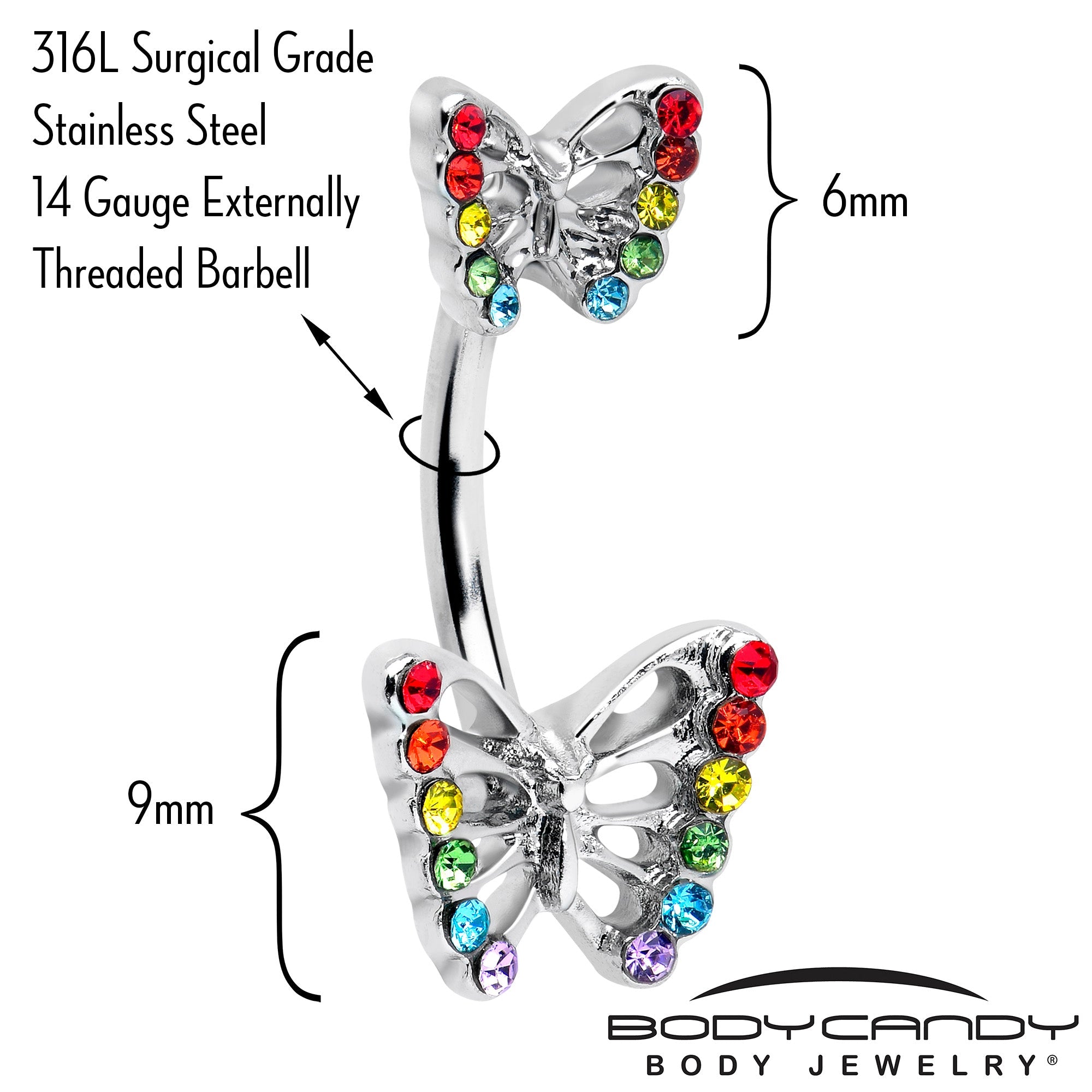 Rainbow Gem Pride open butterfly double mount belly ring by BodyCandy featuring colorful gems and butterfly design.