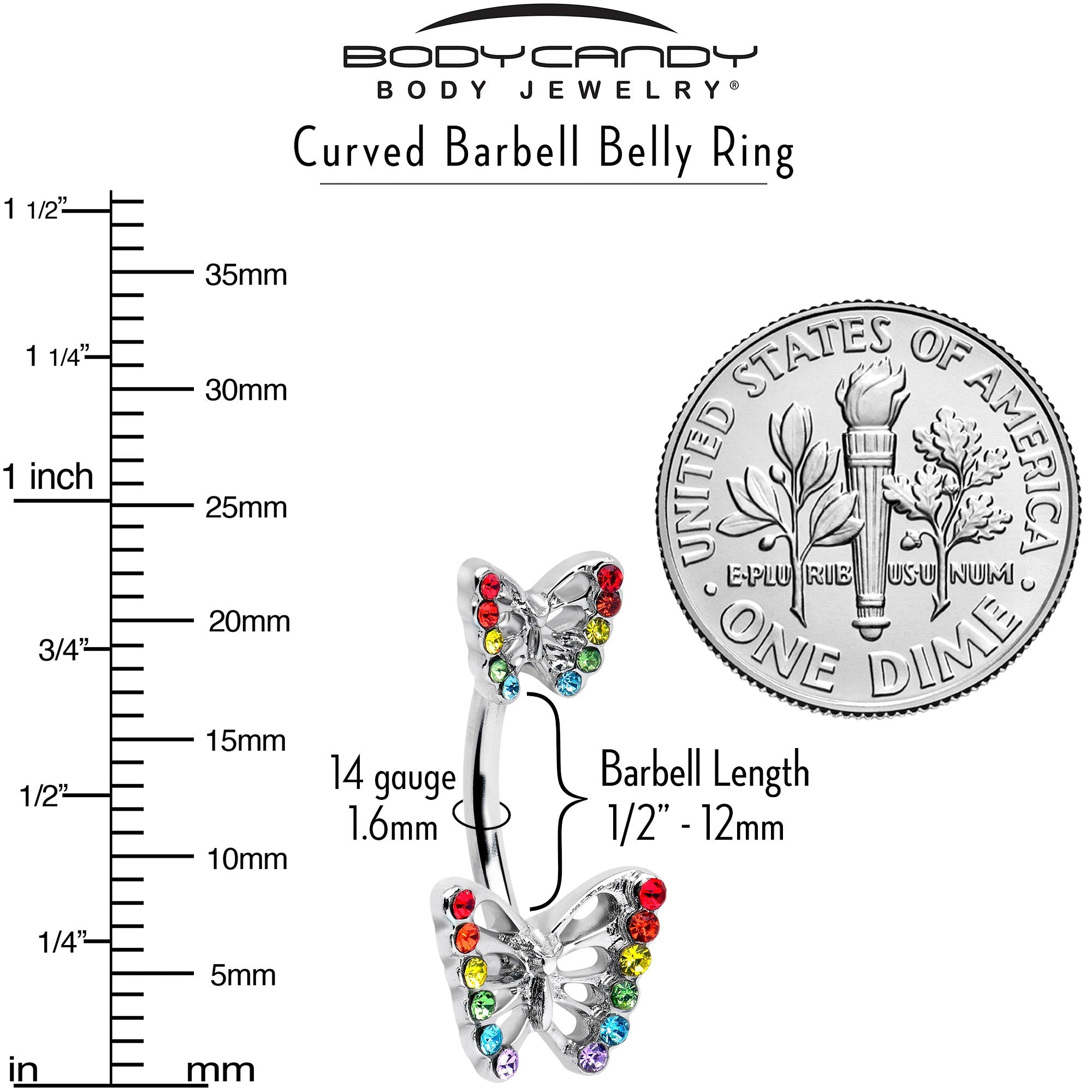 Rainbow gem pride open butterfly double mount belly ring by BodyCandy featuring colorful gemstones and butterfly design.