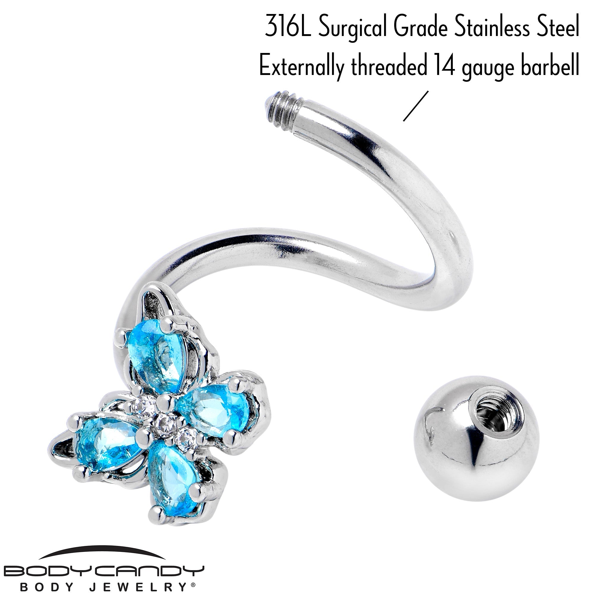 Blue gem baroque butterfly spiral belly ring by BodyCandy featuring a twisted spiral design and decorative butterfly accents.