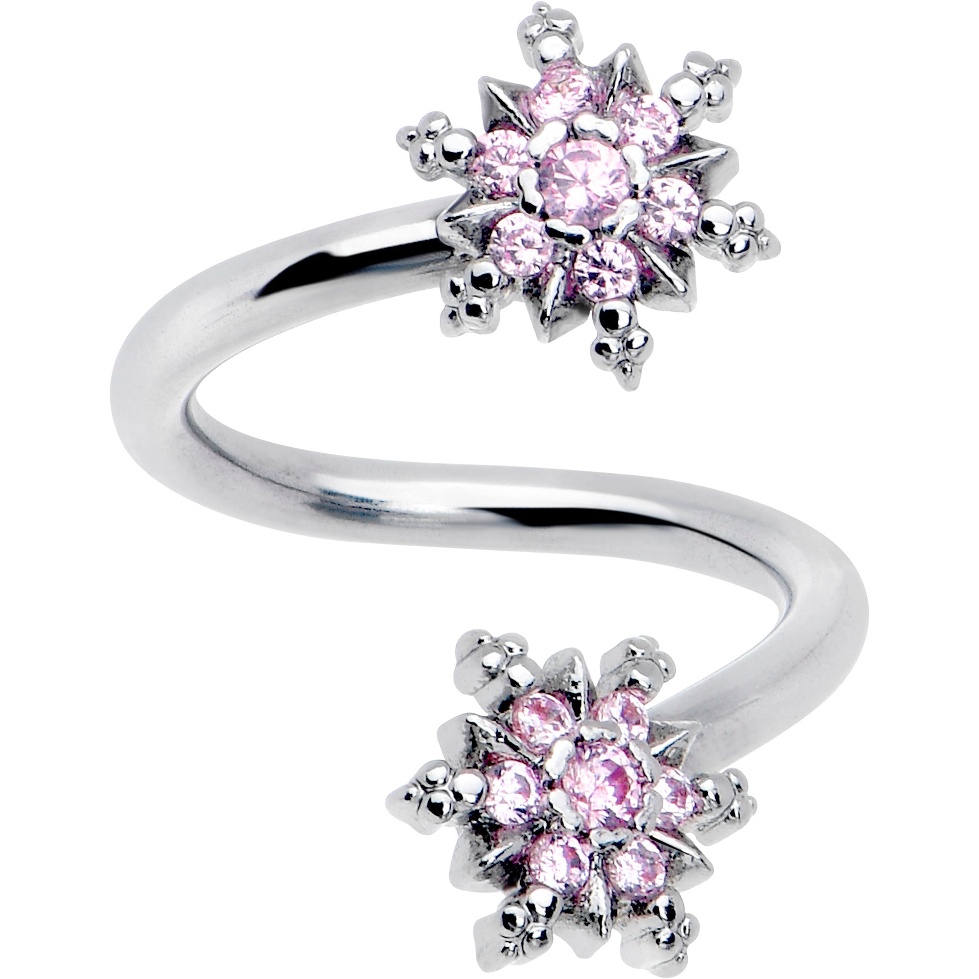 Pink CZ gem glam snowflake spiral belly ring by BodyCandy, featuring a sparkling snowflake design and twisting spiral shape.