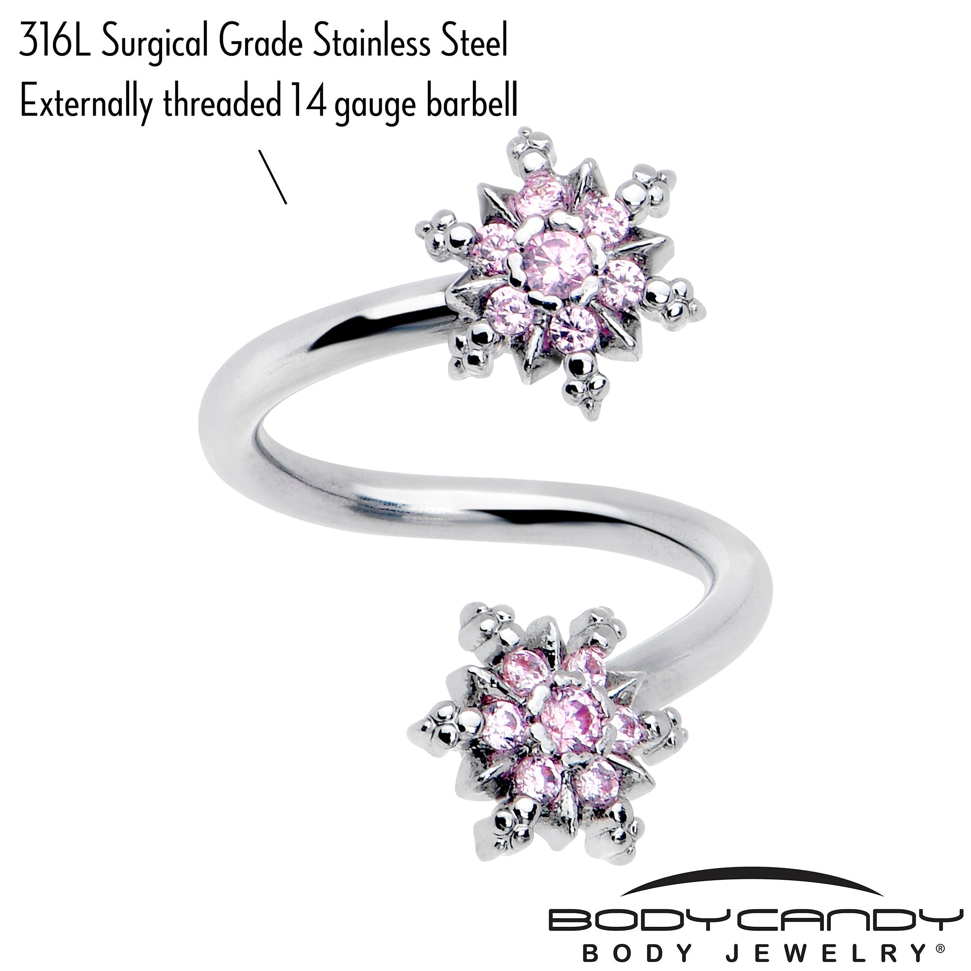 Pink CZ gem glam snowflake spiral belly ring with twisting design, from BodyCandy, featuring sparkling gemstone accents.