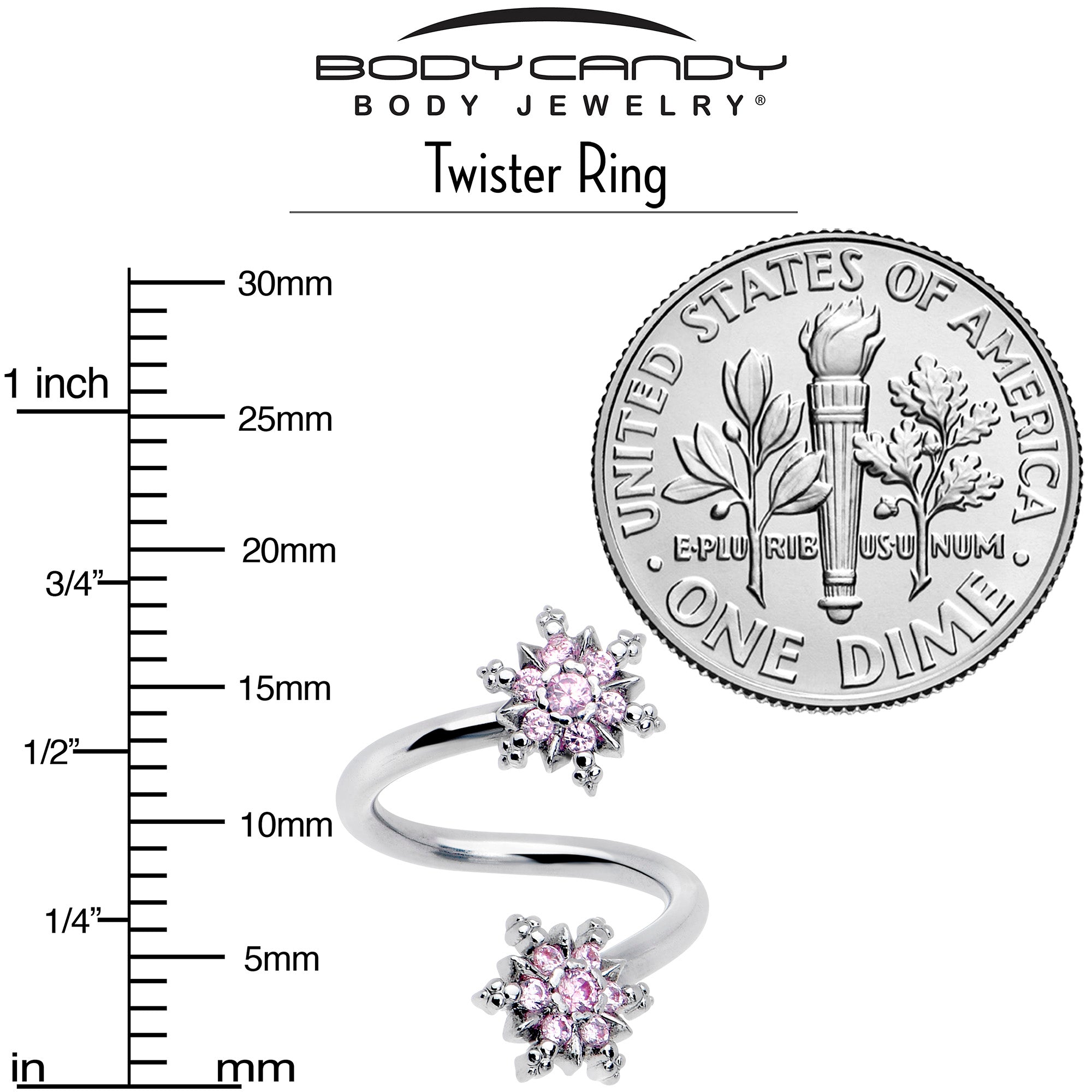 Pink CZ Gem glam snowflake spiral belly ring by BodyCandy featuring a twisted design and sparkling gemstone accents.