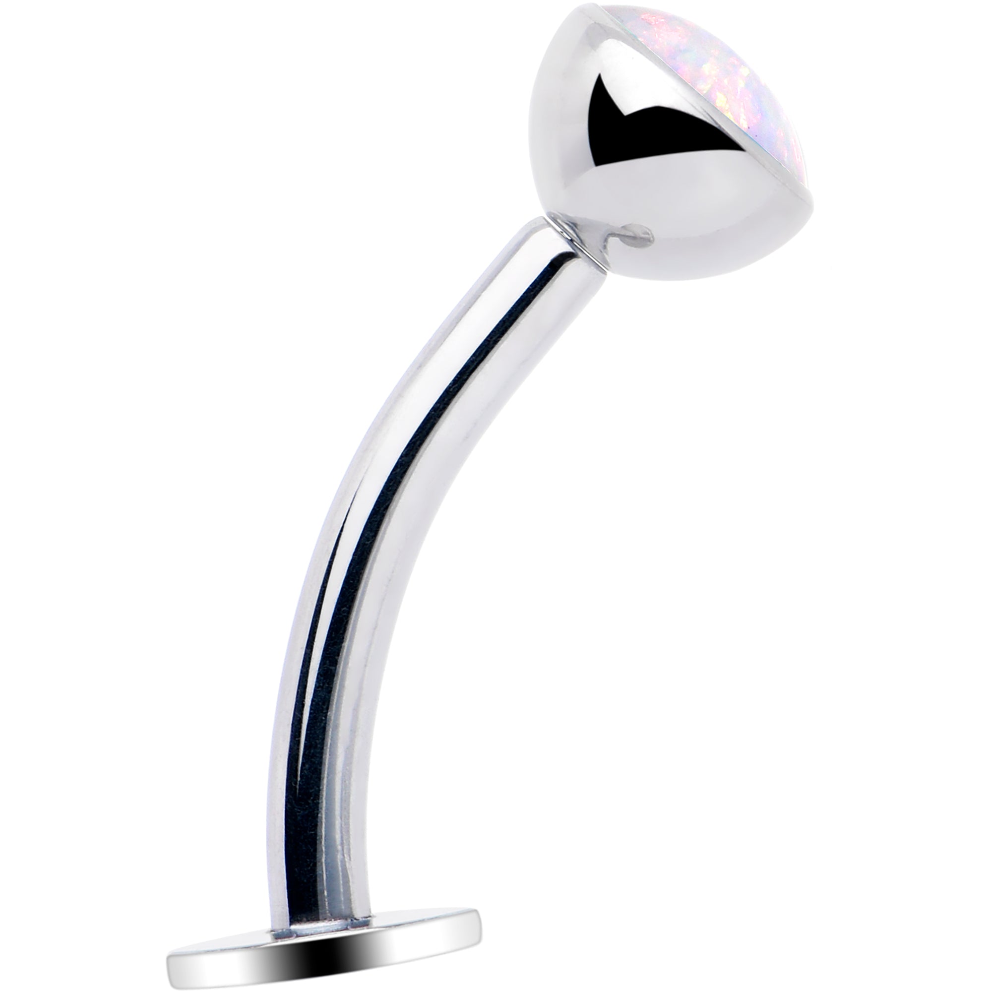 Synthetic opal bezel titanium threadless floating belly ring with aqua-colored top mount, designed for comfortable body piercing.