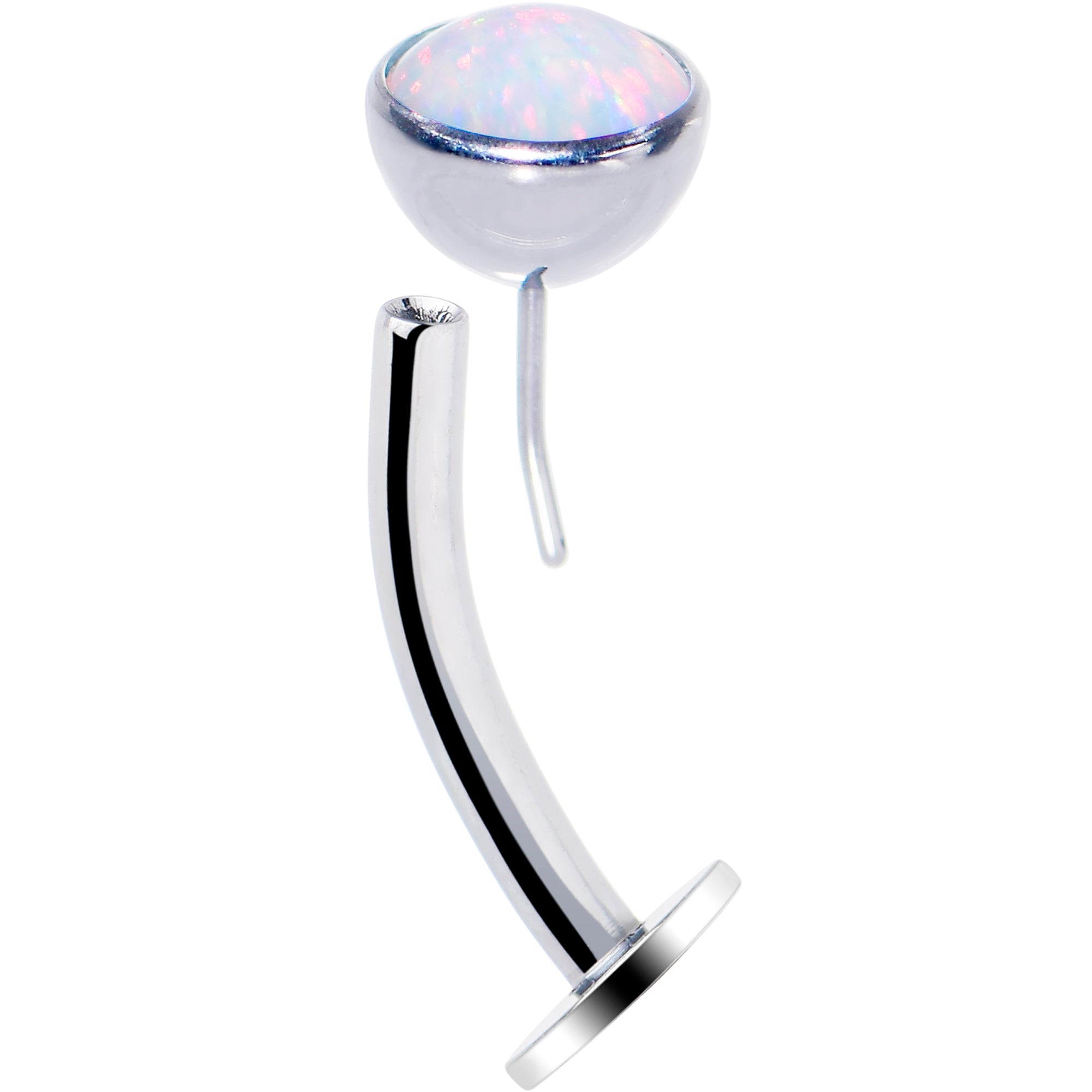 Aqua synthetic opal bezel titanium threadless floating belly ring with top mount, designed for piercings and body jewelry.