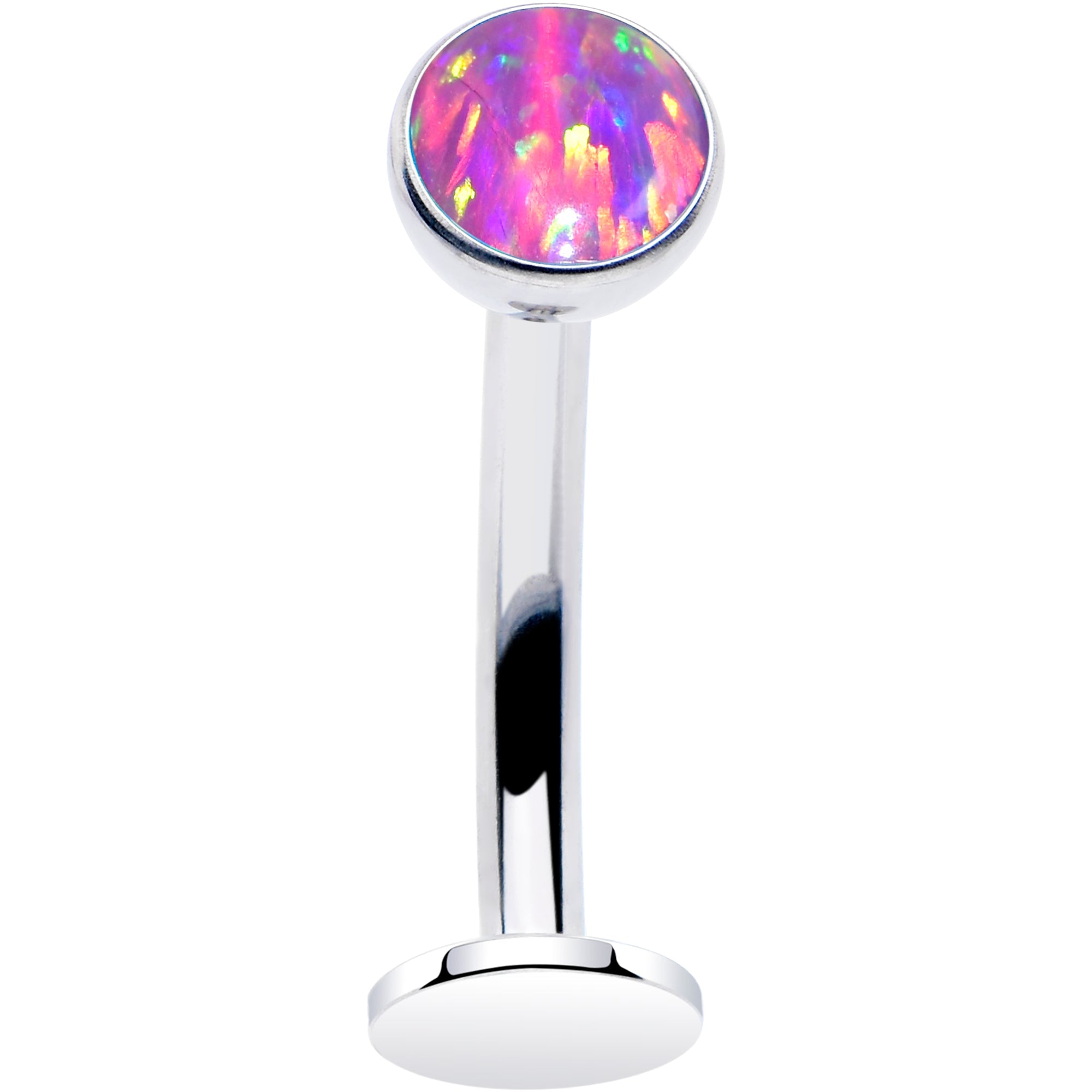 Synthetic opal bezel titanium threadless floating belly ring with top mount, featuring aqua-colored opal and sleek metal design.