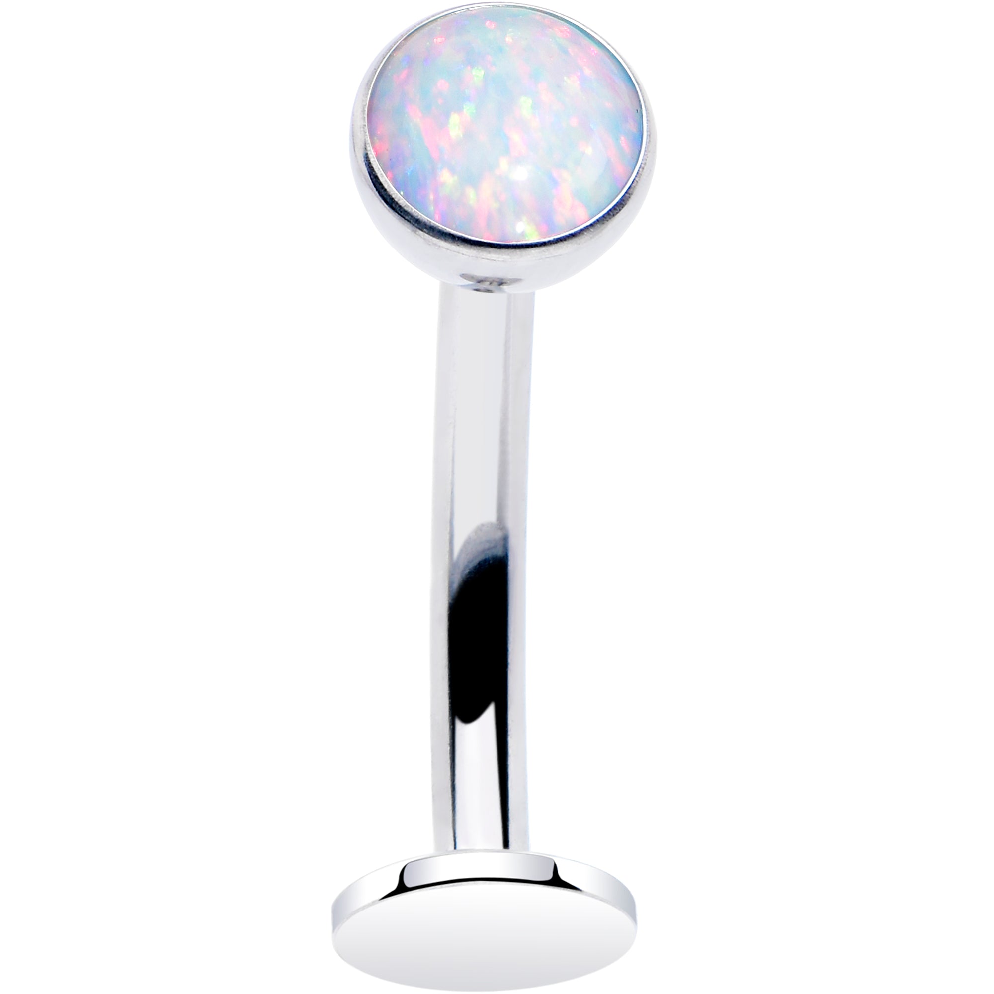 Titanium threadless floating belly ring with aqua synthetic opal bezel setting, top mount design, by BodyCandy.
