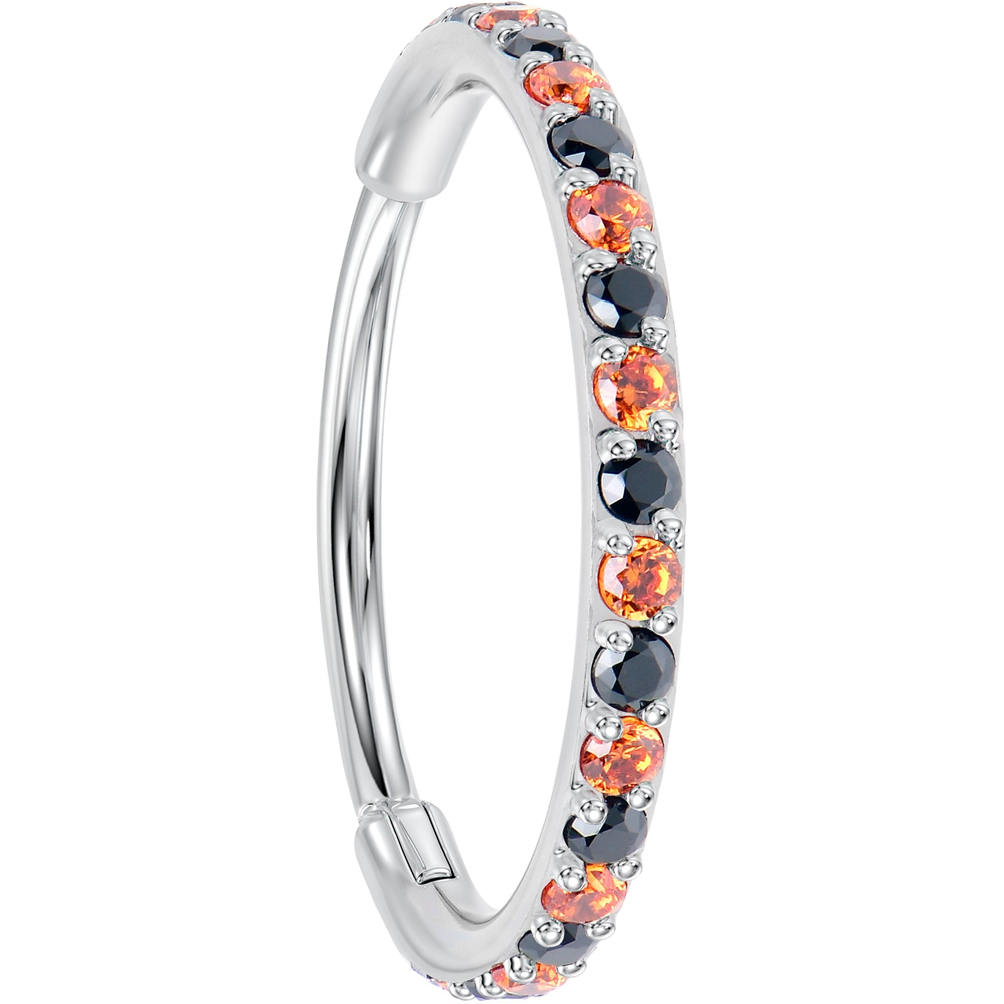 Black and orange titanium hinged segment ring nose hoop, 20G Micro Gem design, BodyCandy brand, showing the open hinged segment.