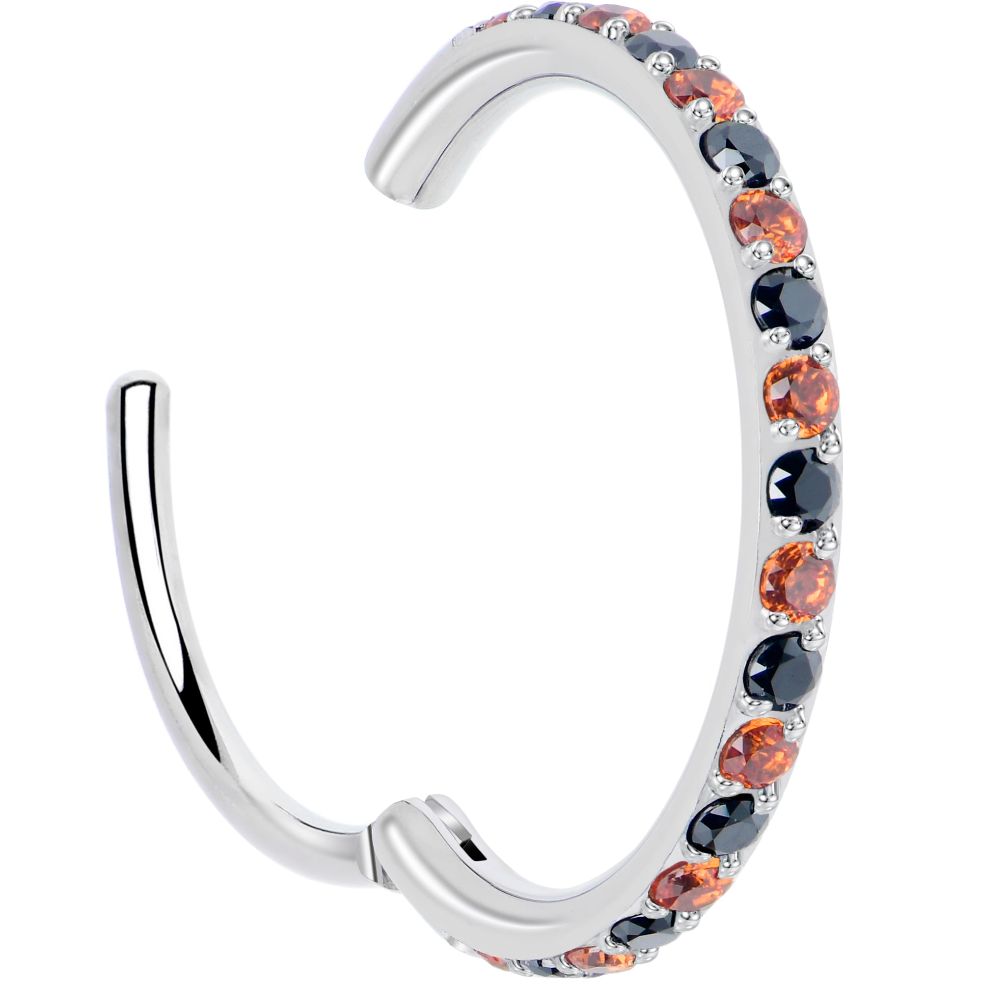 Black and orange 20G Micro Gem Titanium hinged segment ring nose hoop by BodyCandy, showcasing its sleek, curved design.