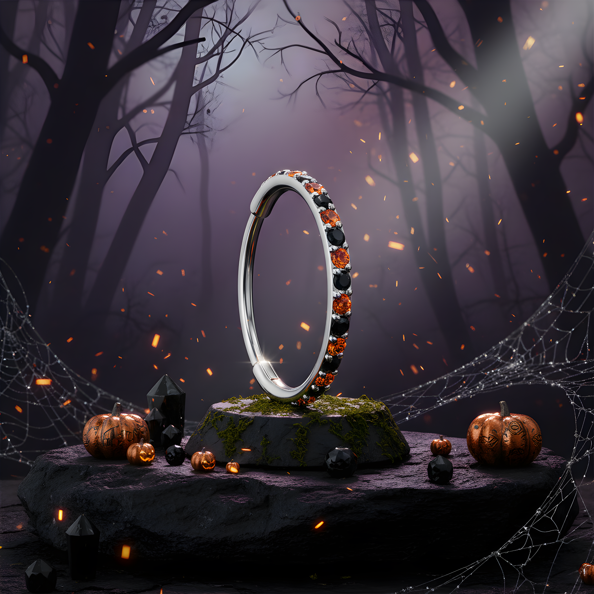 Black and orange 20G micro gem titanium hinged segment ring nose hoop, BodyCandy brand, with a sleek, curved design.