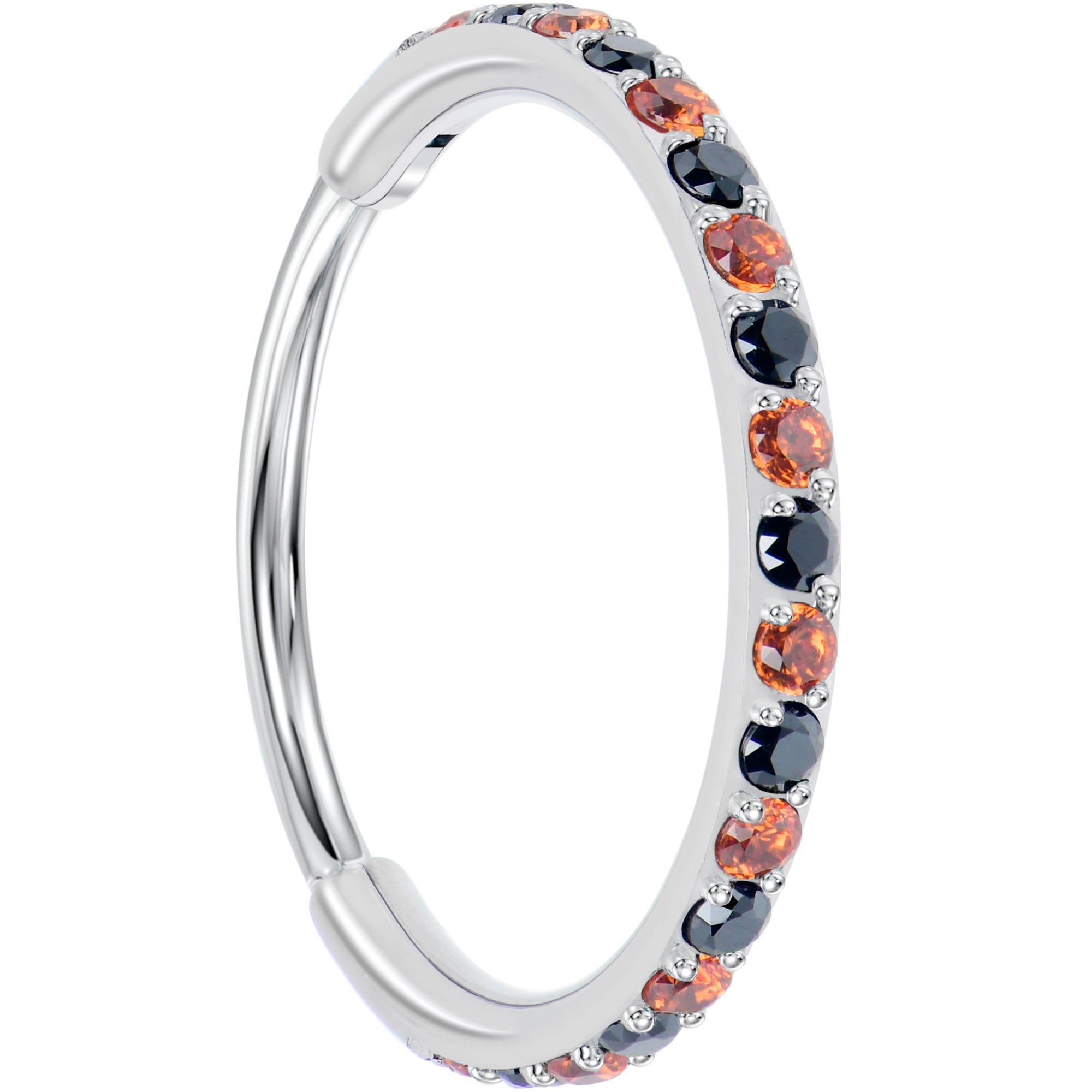 Black and orange titanium hinged segment ring nose hoop with micro gem detail, 20G size, by BodyCandy.