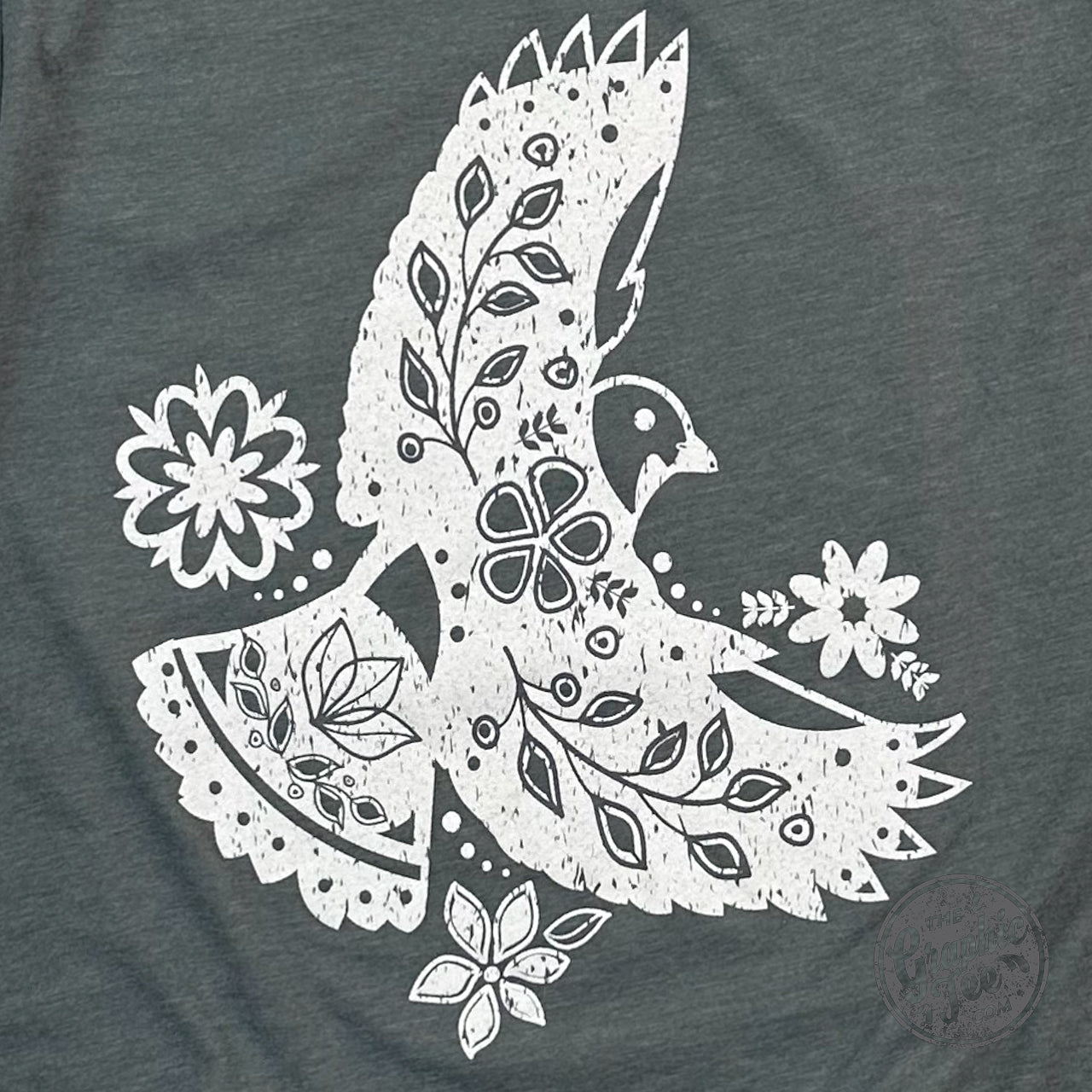 The Graphic Tee boho bird Heather military green short sleeve graphic tee displayed on a white background.