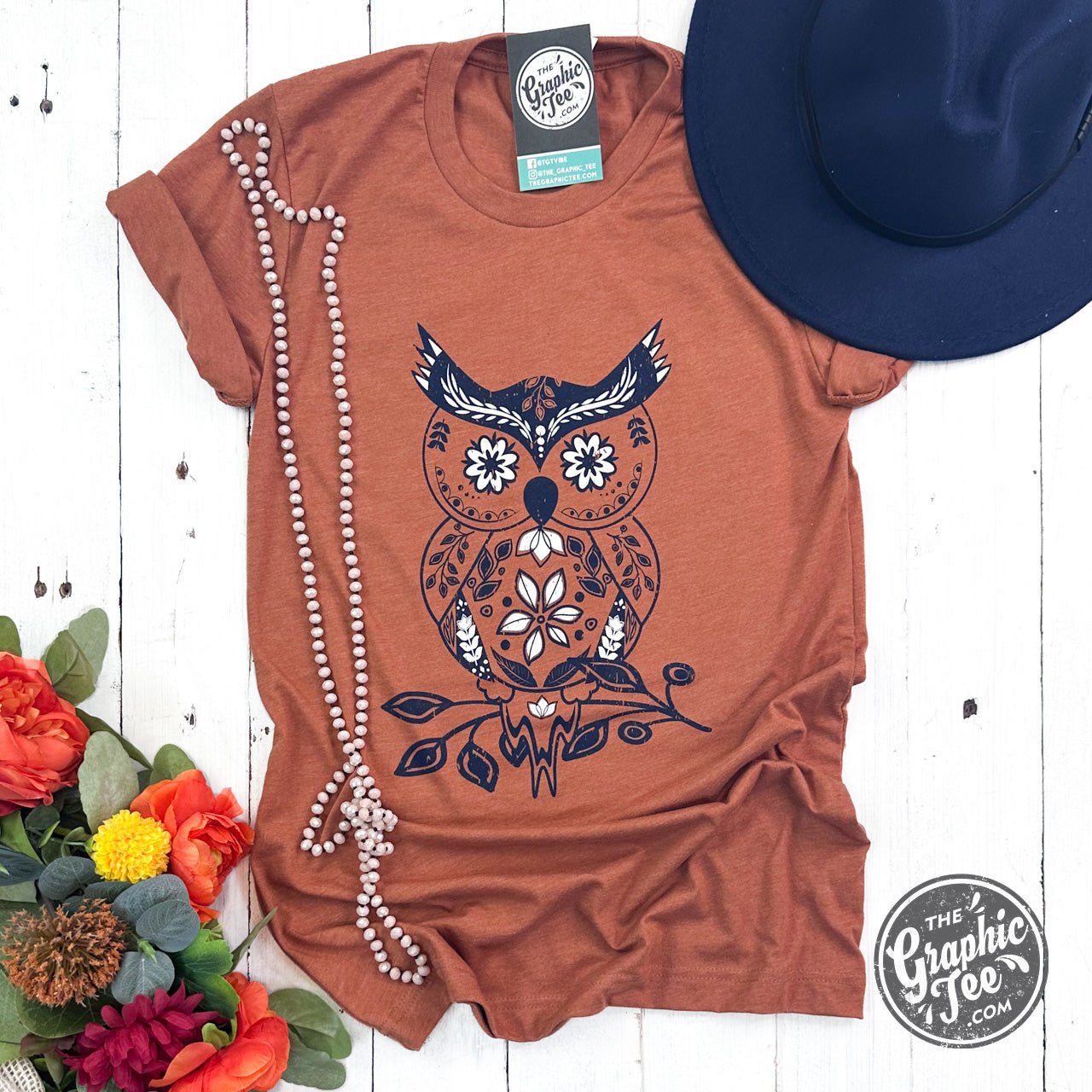 Heather gray boho owl graphic tee with short sleeves from The Graphic Tee, perfect for autumn casual wear.