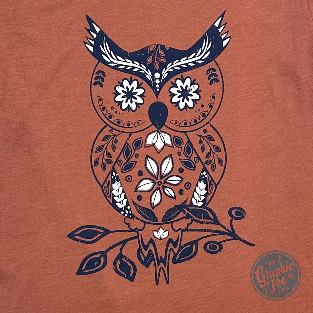 Heather gray boho owl short sleeve graphic tee by The Graphic Tee with autumn-inspired design and casual fit.
