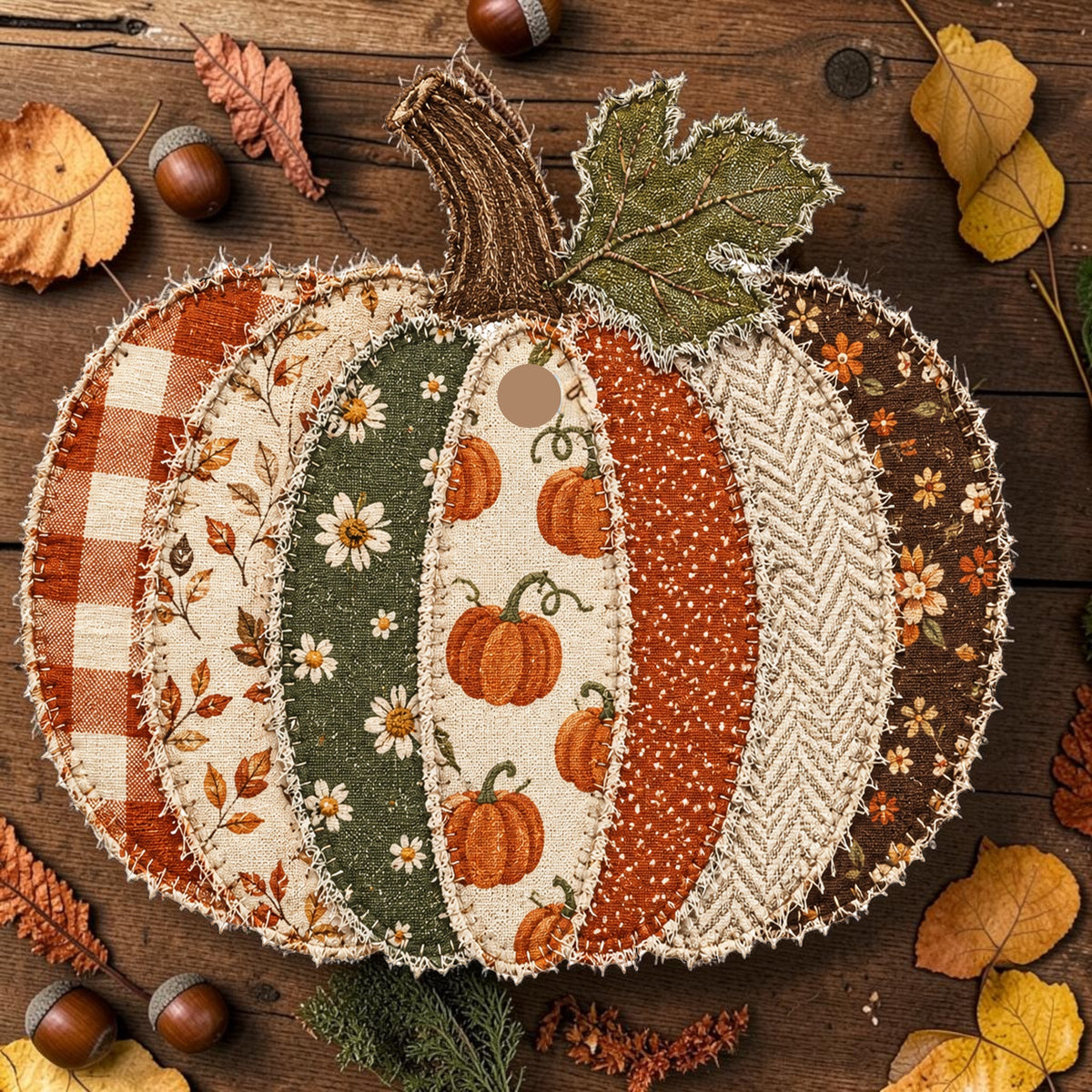 Patchwork Pumpkin Freshie by Bug & Bean Freshies, decorative pumpkin-shaped air freshener with colorful patchwork design.
