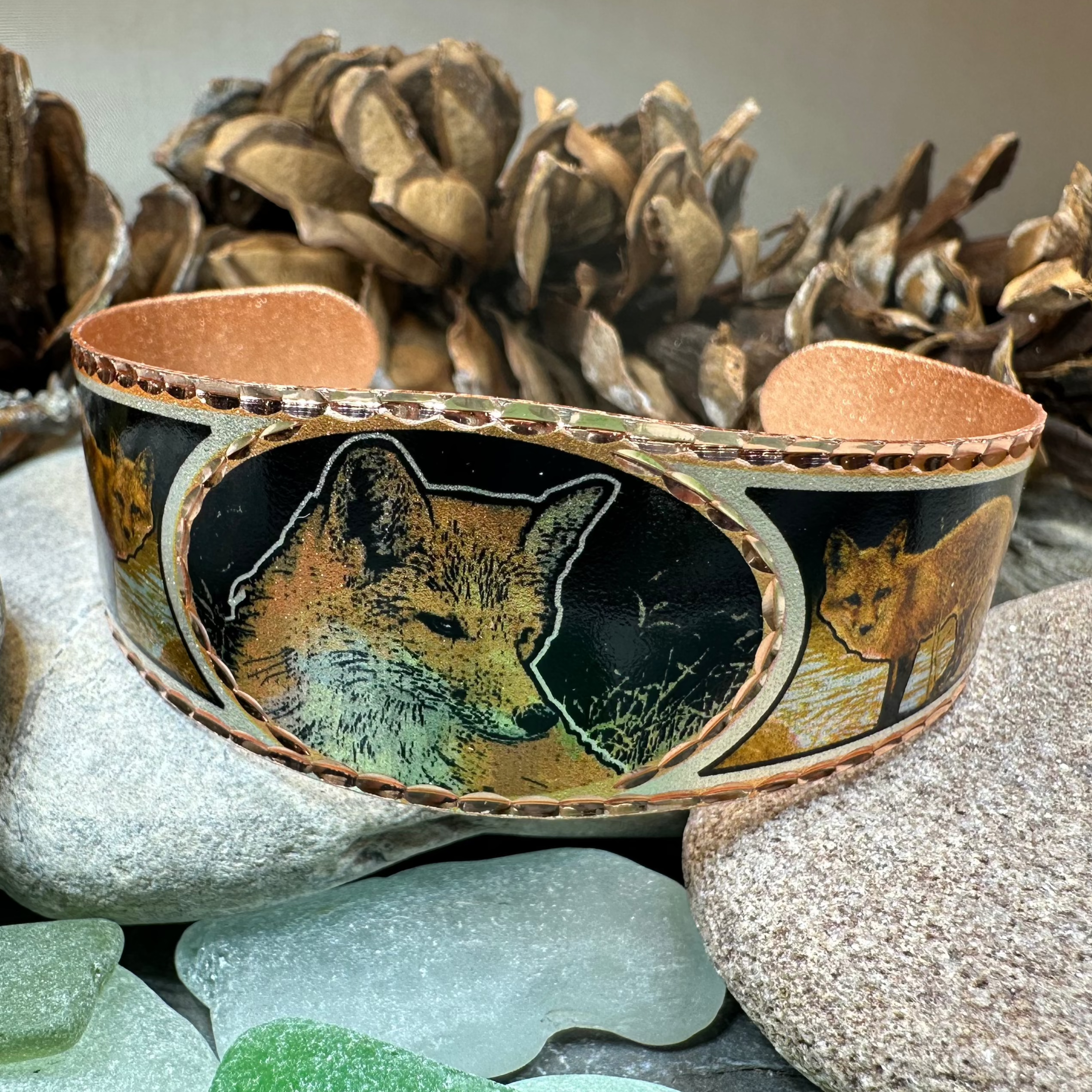 Celtic Crystal Design Jewelry Fox Spirit Copper Cuff Bracelet featuring intricate Celtic patterns and a polished copper finish.