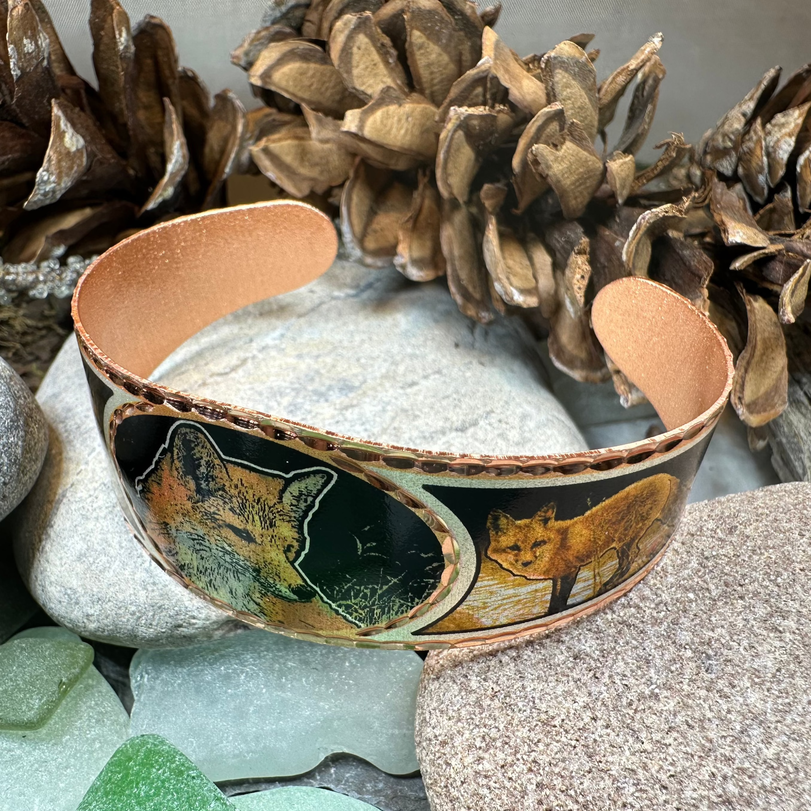 Fox Spirit Copper Cuff Bracelet by Celtic Crystal Design Jewelry, featuring intricate Celtic patterns and a polished copper finish.