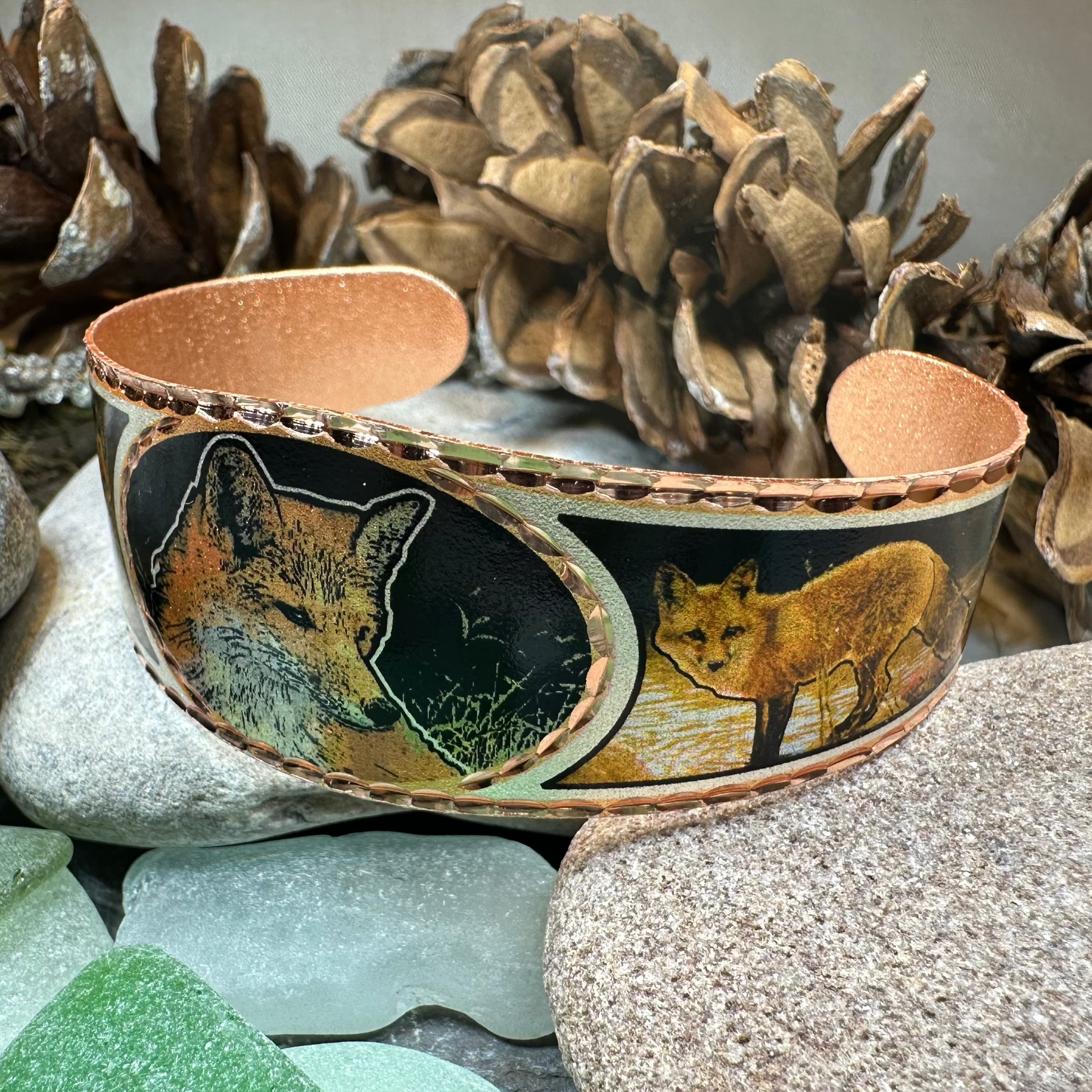 Celtic Crystal Design Jewelry Fox Spirit copper cuff bracelet with intricate Celtic patterns and detailed fox motif.