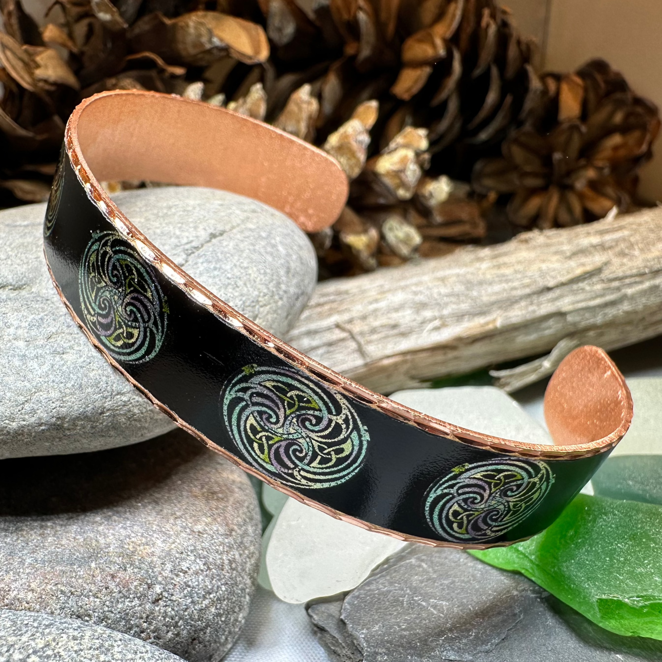 Mystical Celtic Spiral Copper Cuff Bracelet featuring intricate Celtic design and spiral pattern, crafted by Celtic Crystal Design Jewelry.