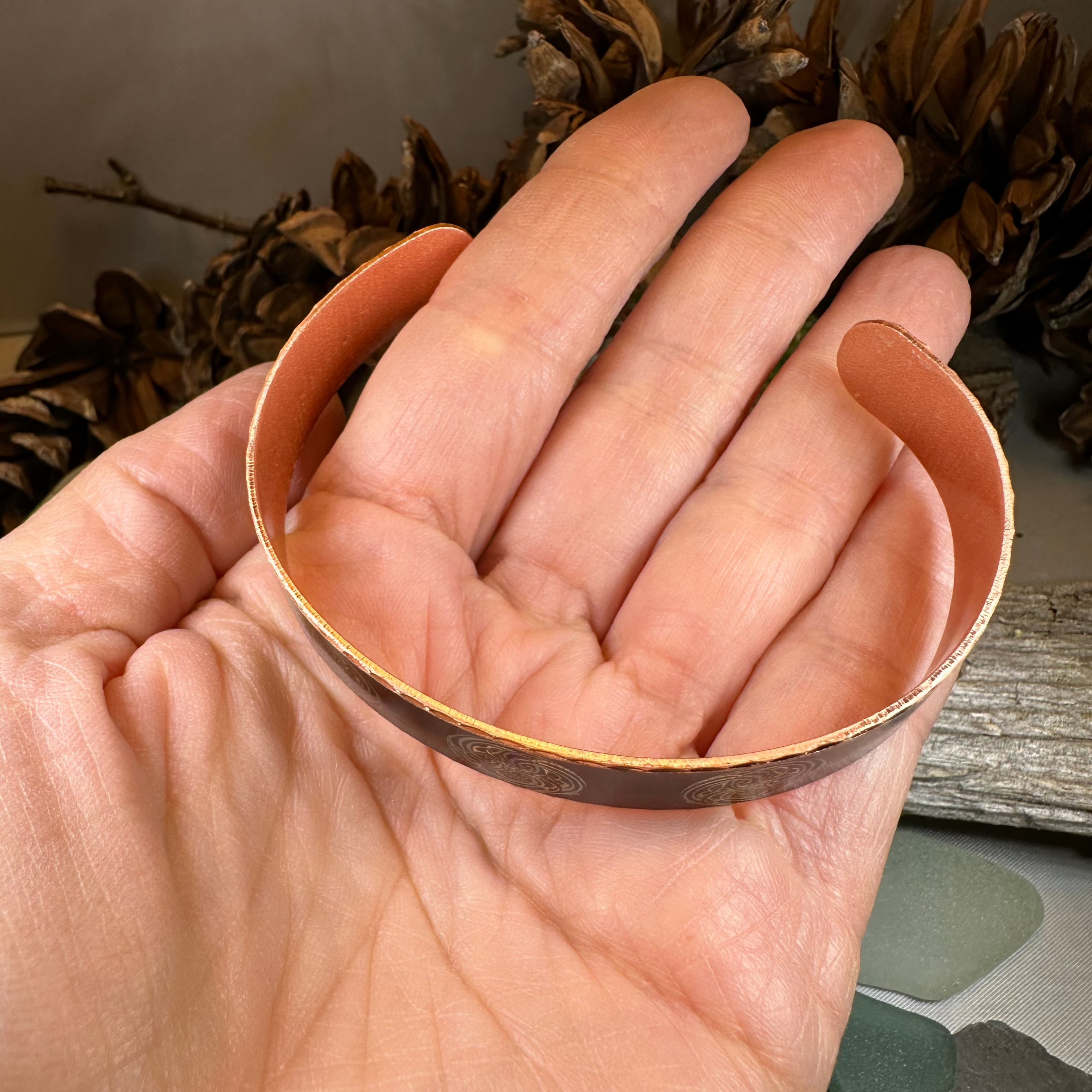 Mystical Celtic Spiral Copper Cuff Bracelet with intricate Celtic design, crafted by Celtic Crystal Design Jewelry.