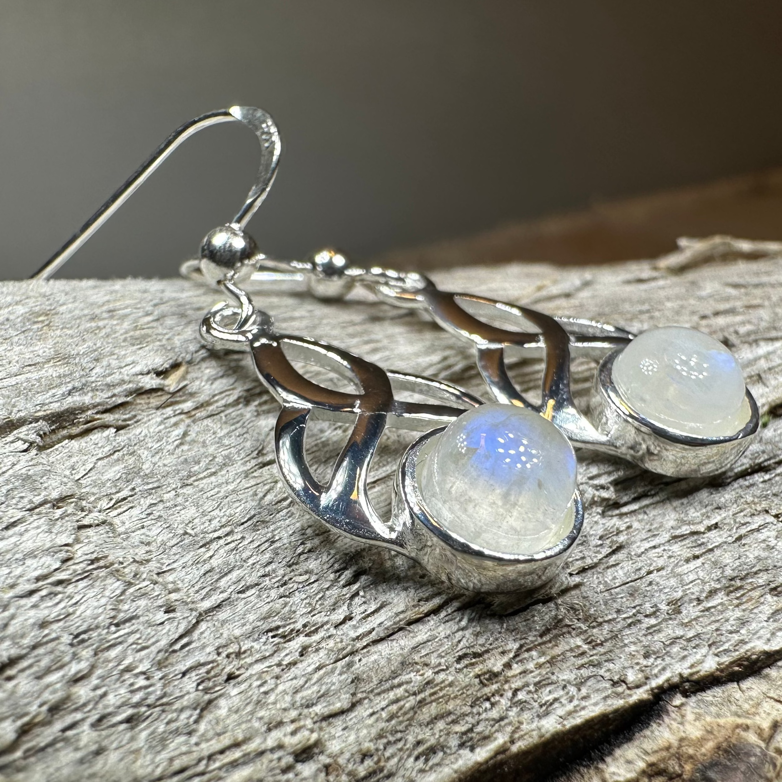 Edana Celtic Moonstone Dangle Earrings by Celtic Crystal Design Jewelry featuring moonstone gemstones and Celtic-inspired design.