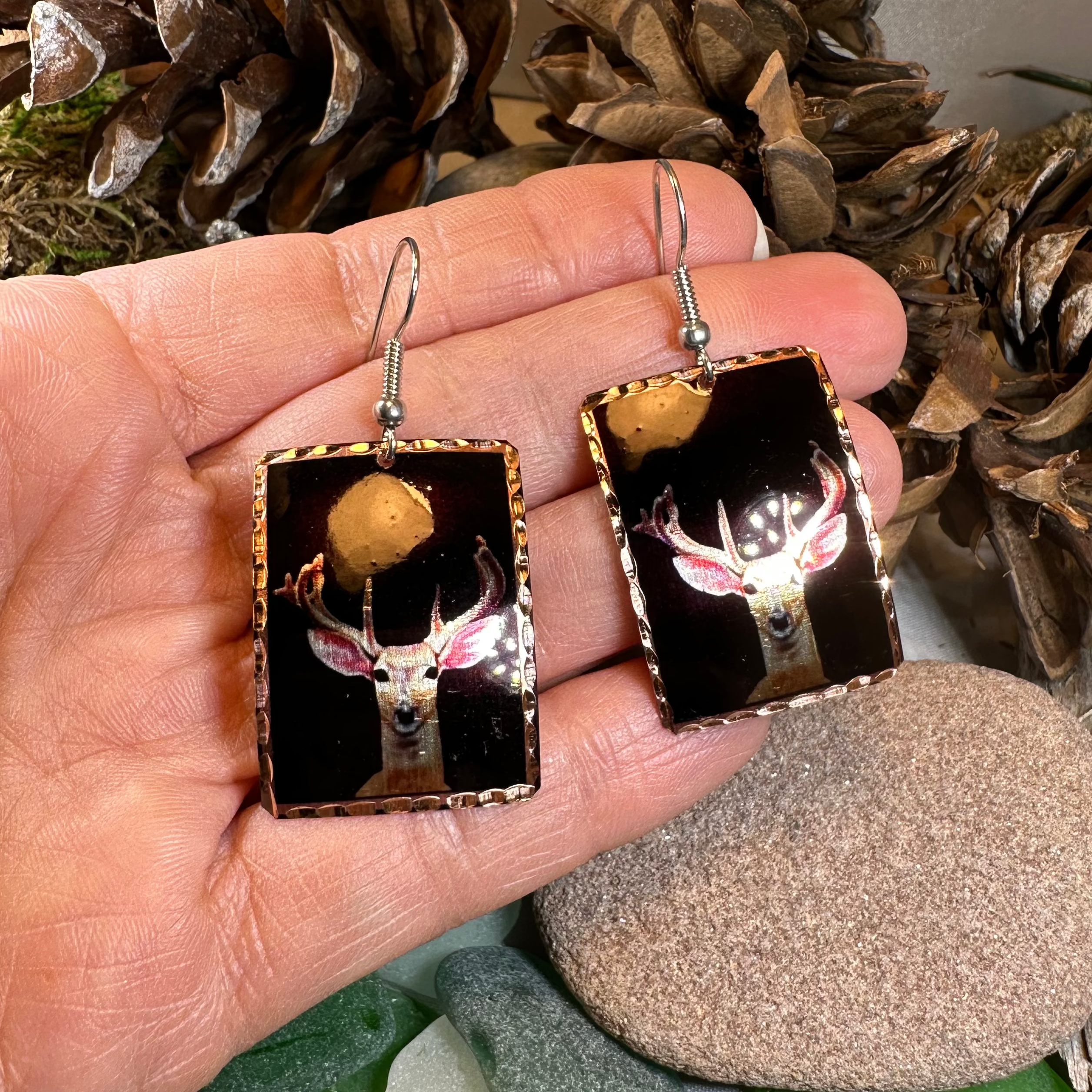 Celtic Crystal Design Jewelry Highland Stag copper dangle earrings with intricate Celtic patterns and stag motif.