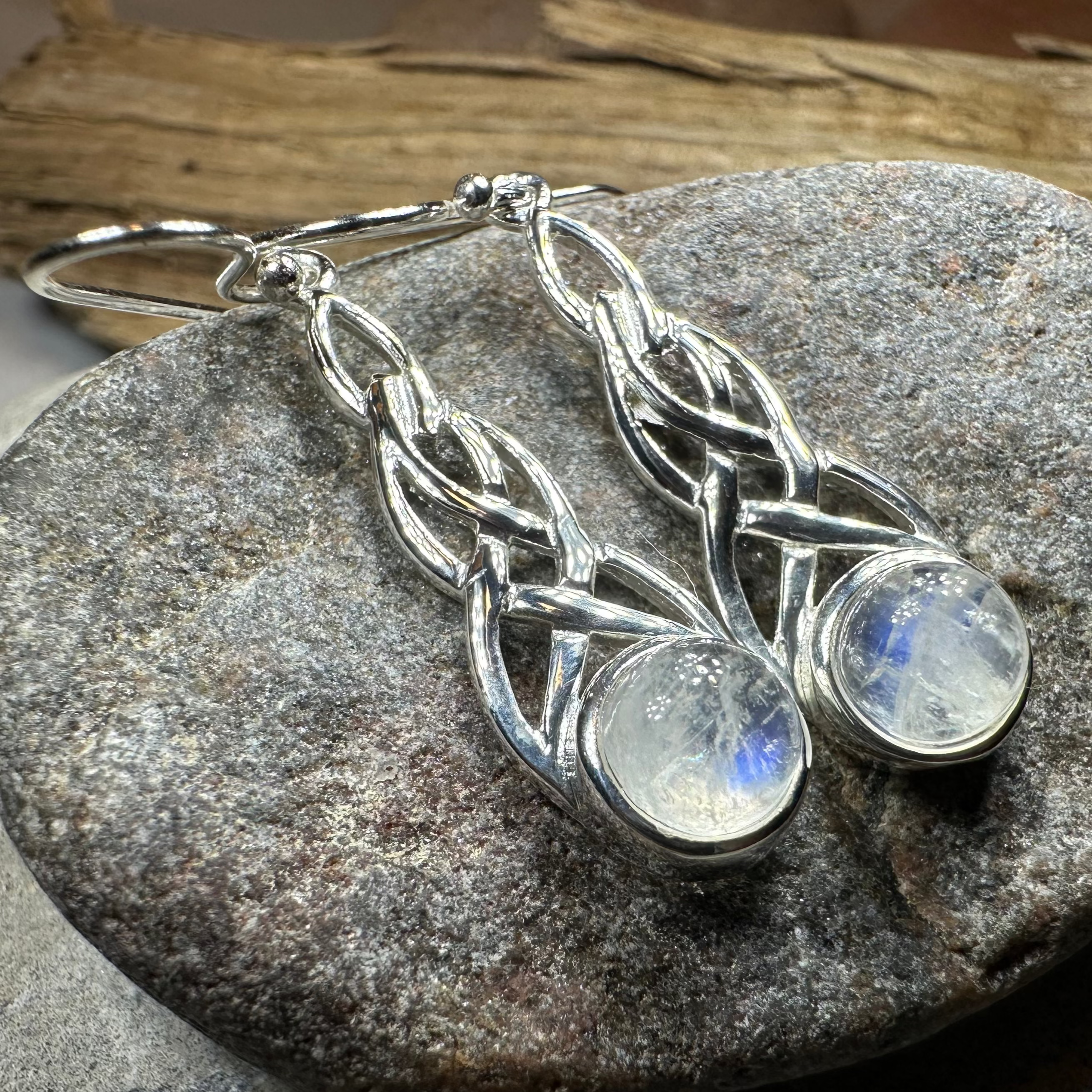 Celtic Crystal Design Jewelry Marion Celtic Moonstone Dangle Earrings with shimmering moonstone gemstones and intricate Celtic patterns